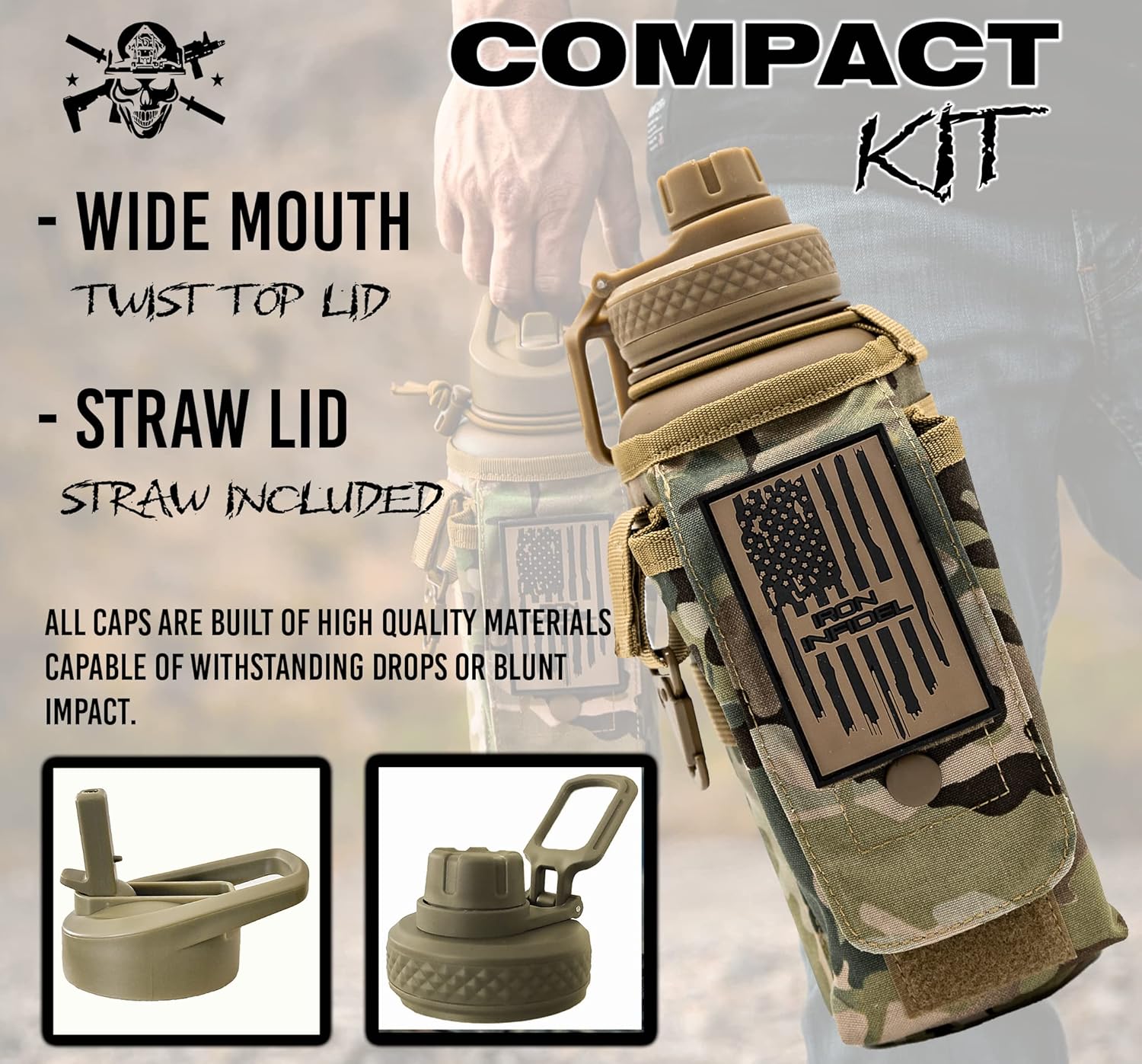 Iron Infidel Battle Bottle - 32 Oz Insulated Water Bottle with Straw Lid & Chug Cap, Stainless Steel Metal Tactical Flask With Rugged, Removable Sleeve for Keys & Phone or Wallet (OCP Camo 1 Liter) - Image 2