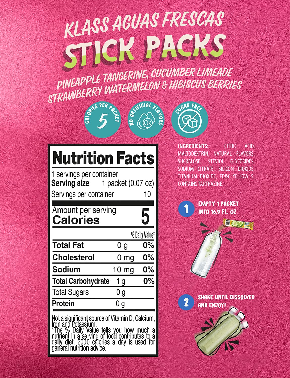 Klass Aguas Frescas, Powdered Drink Mix Variety Pack, 40 Singles Zero Sugar & Caffeine-Free Powder Packets, Water Drink Mix, Flavors: Cucumber Limeade, Strawberry Watermelon, Hibiscus Berries & Pineapple Tangerine - 5 Calories Per Packet & Natural Flavors - Image 2