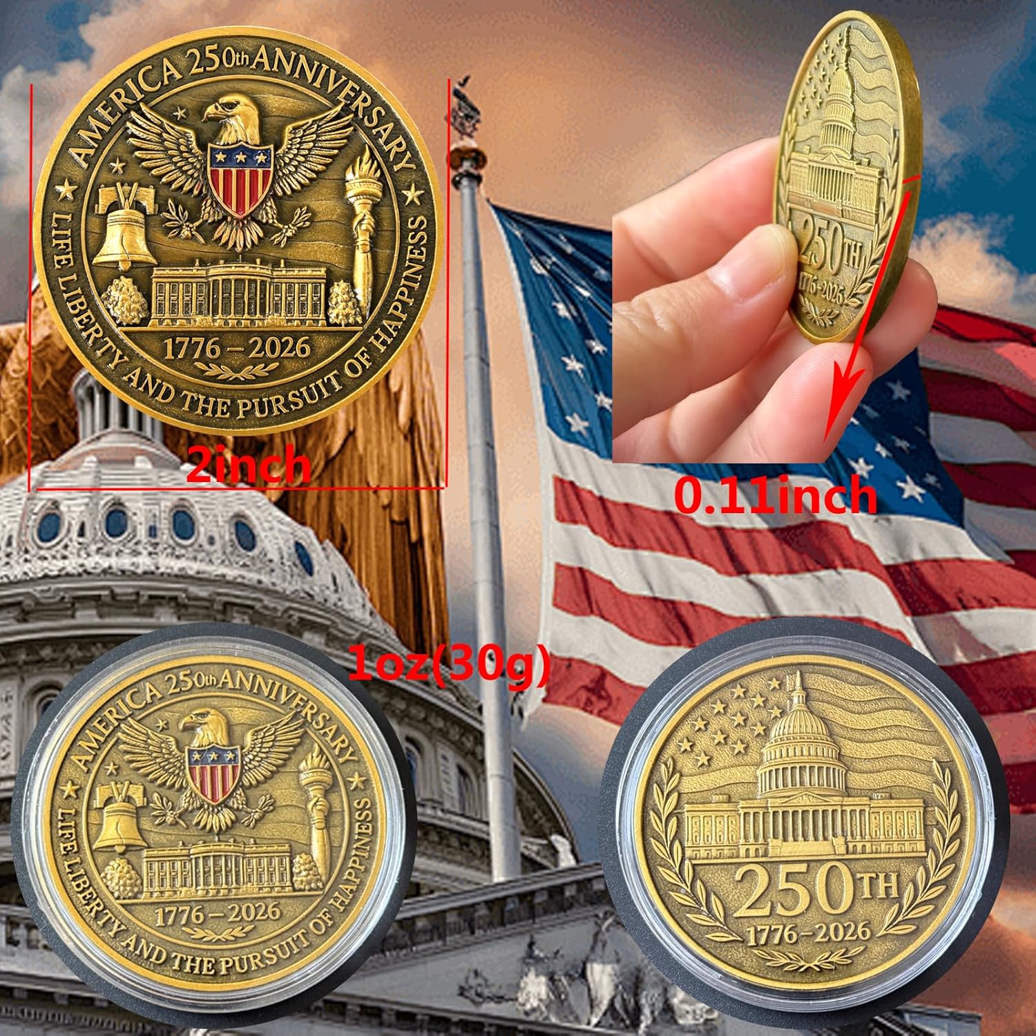 America 250th Independence Anniversary Commemorative Coin, Golden Eagle, Flag & Liberty Bell Challenge Coin USA 1776-2026, Metal Collectible Medal for Celebration & Gift - Image 5