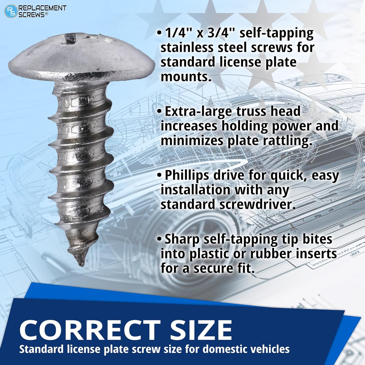 License Plate Screws - Front and Rear Mount Hardware Kit for Plate/Tag and Frame - Self-Tapping Rustproof Stainless Steel Bolts - Fit Most Domestic Cars, Trucks and SUVs (Pack of 4) - Image 4