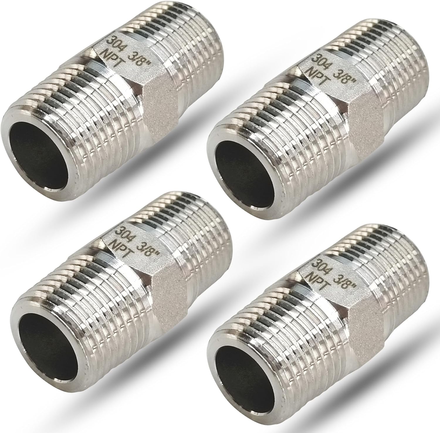 3/8" NPT Male Hex Nipple Pipe Fittings, 304 Stainless Steel 3/8 inch Threaded Pipe Adapter Fittings Equal Nipples Connectors, 4pcs Male Straight Connector Pipe Fitting