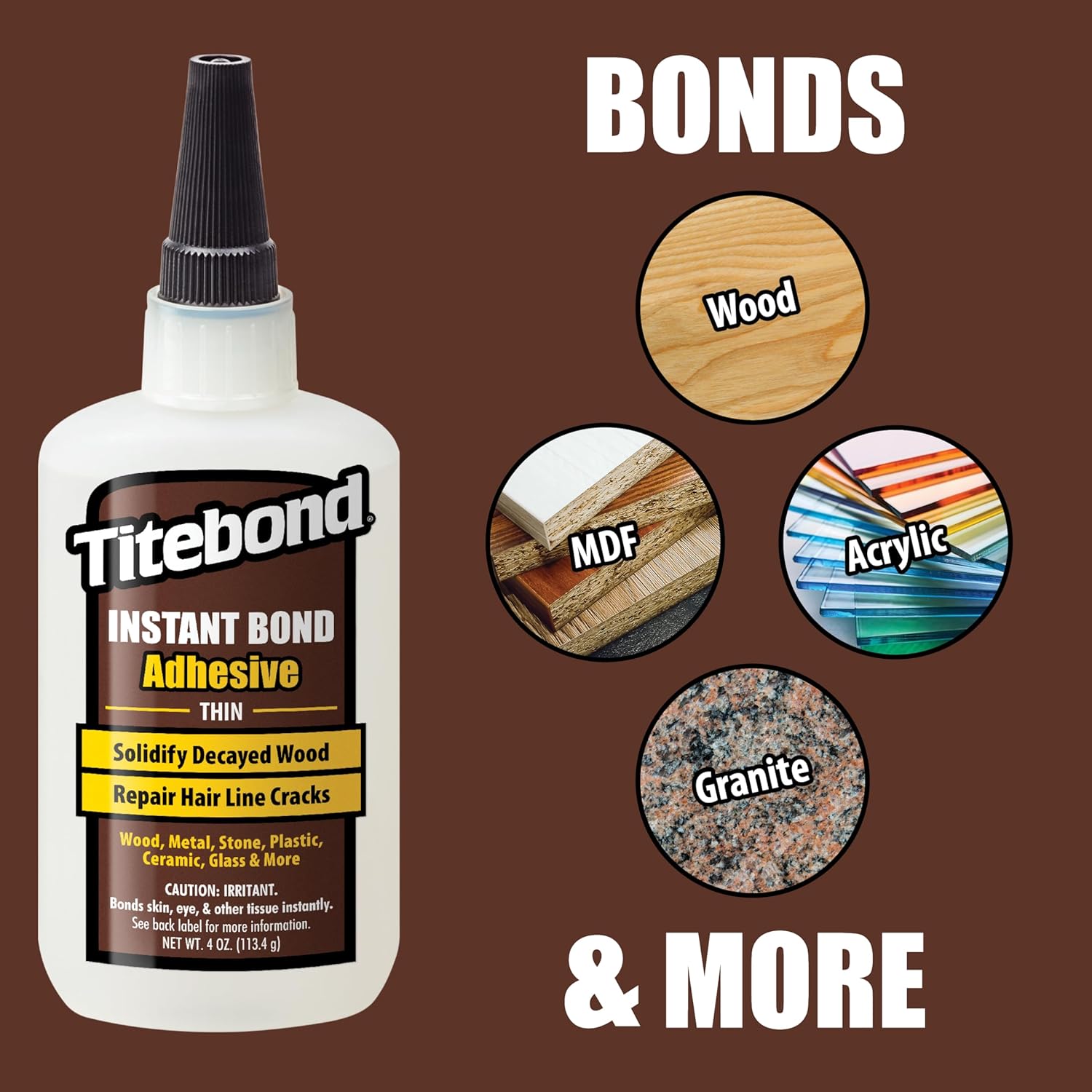 Titebond Instant Bond Thin Adhesive, 3-second Bond, Home Repair, Woodworking, Crafts, Hairline Cracks, Filling Wood Knots, 4 oz. 6202 - Image 4