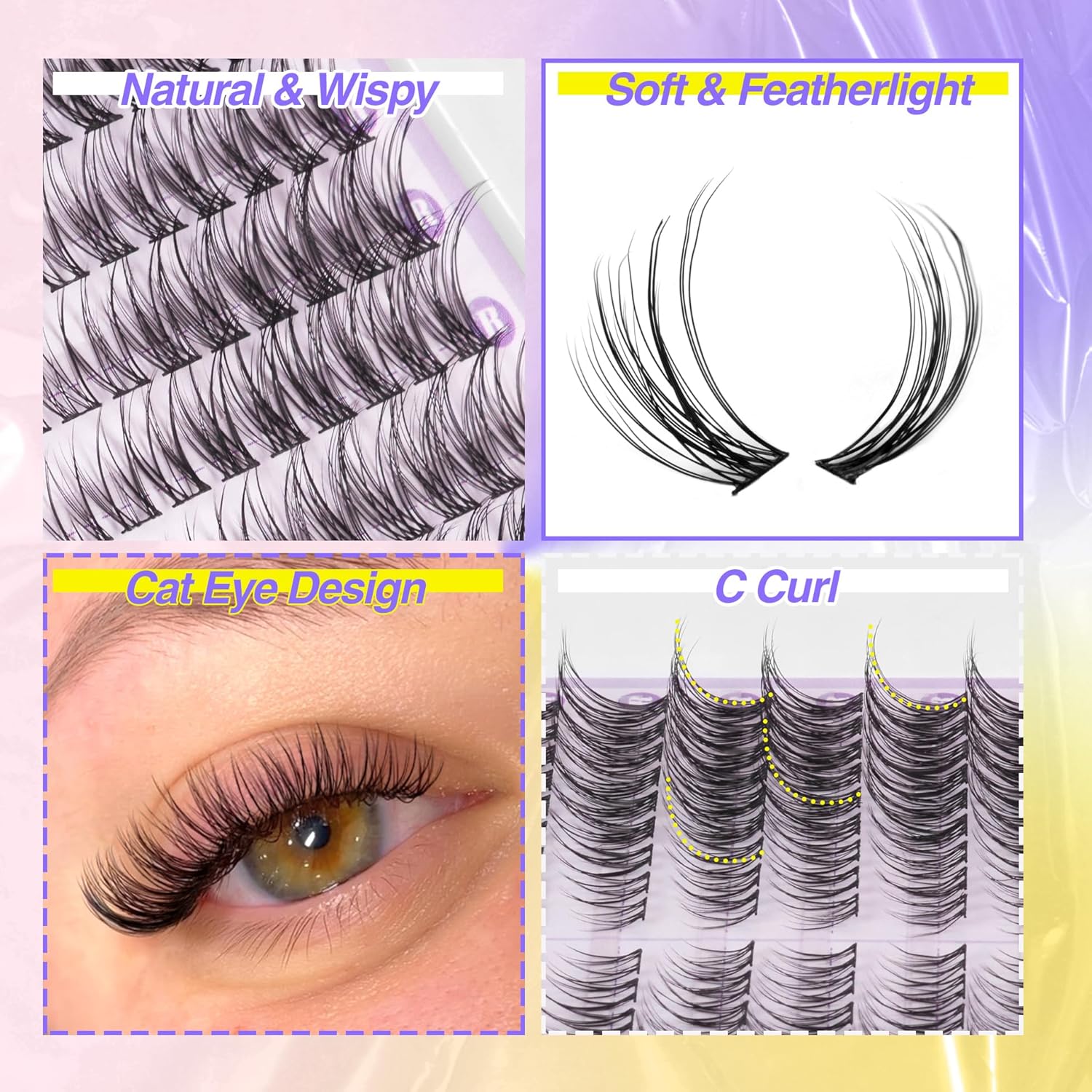 Lash Clusters Natural DIY Lash Extensions C-Curly Cluster Eyelash Extensions Cat Eye Left+Right Cluster Lashes 216 Pcs Wispy Eyelash Clusters for Beginners - Image 5
