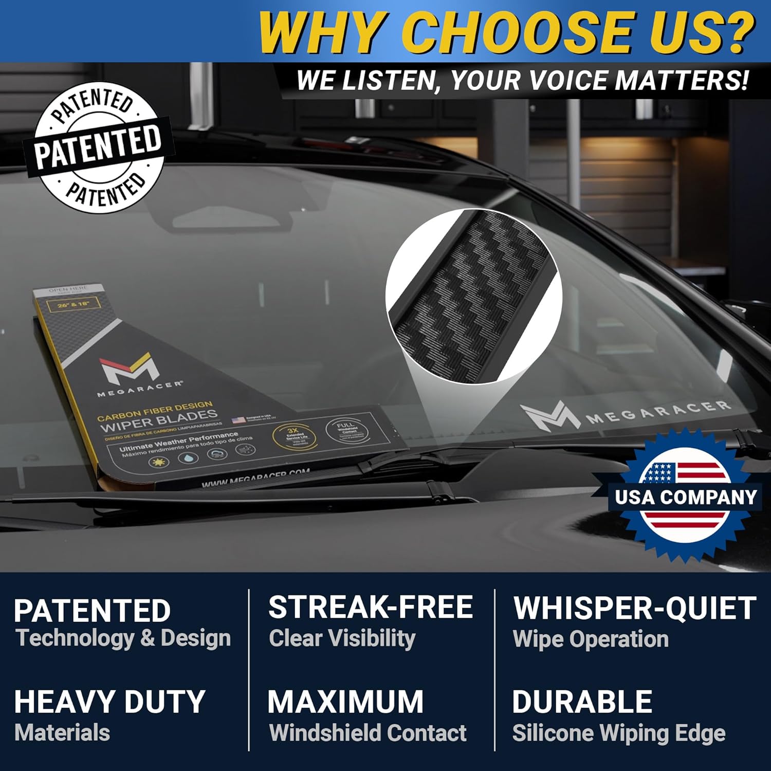 Premium Silicone Carbon Fiber Windshield Wiper Blades 26" & 19" - Patented All-Season, Quiet & Smooth Streak-Free Clean Wipe, OEM Quality, Front Automotive Replacement Wipers for Car & Truck (2 Pack) - Image 5