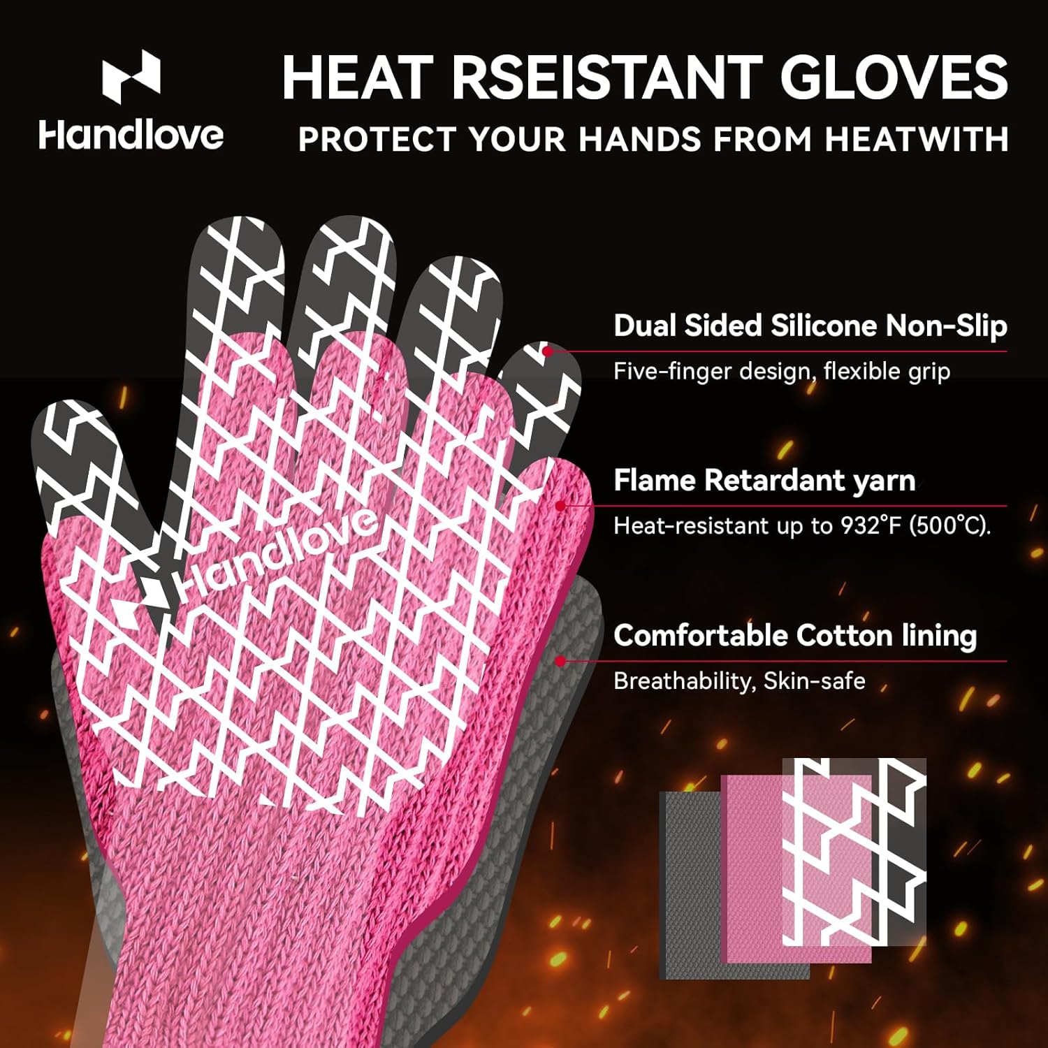 HandLove Aramid Heat Resistant BBQ Gloves – Grilling & Oven Gloves with Fingers, Silicone Grip & Long Cuffs for Cooking, Baking, and Outdoor Barbecue – Pink, Small - Image 2