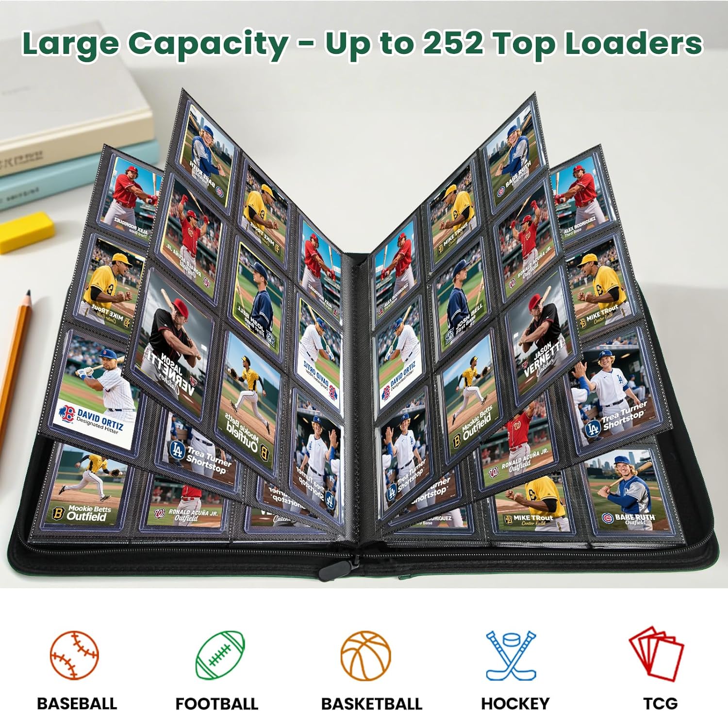 Top Loader Card Binder with Sleeves 9 Pocket Holds 252 Top Loaders Storage, Trading Cards Collector Album, Sports Cards YGO MTG TCG, Collection Folder (FOR TOP LOADERS ONLY), Dark Green - Image 5