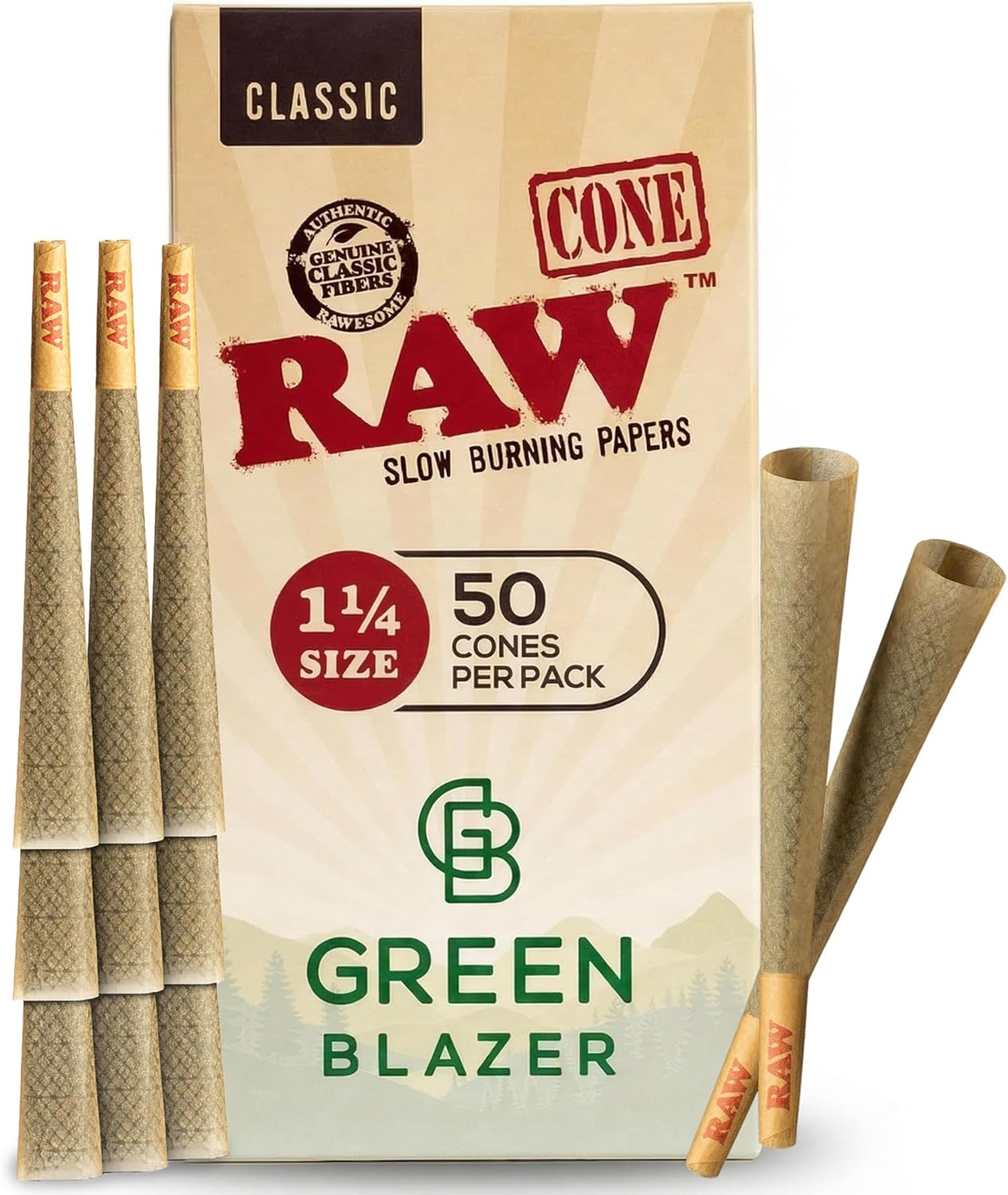 RAW Cones 1 1/4 Size: 50 Pack Patented Slow Burning Pre Rolled Rolling Papers & Tips, Classic Raw Paper, 84mm
