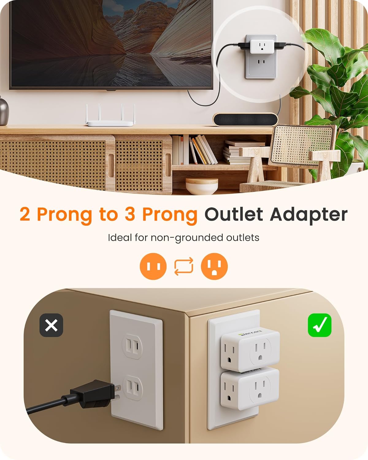 LENCENT 2 Prong to 3 Prong Outlet Adapter, Wall Plug Extender, Multiple Outlet Wall Plug with 3 AC Outlets, Non Grounded Outlets Expander for Japan Travel Kitchen Office Bathroom Older House, 4 Pack - Image 2