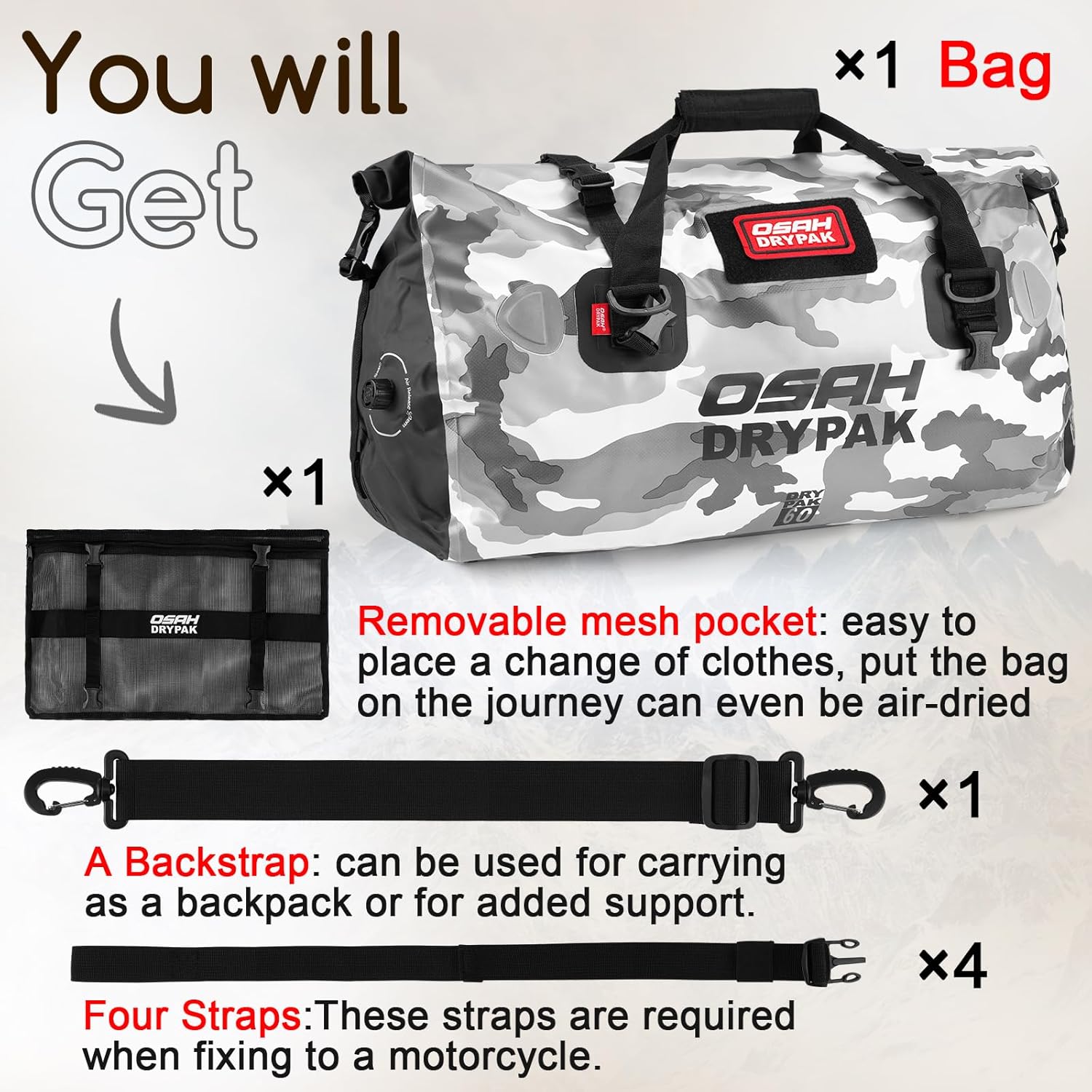 OSAH DRYPAK Waterproof Duffel Bag - Motorcycle Dry Bag Tail Bag with Large Storage Space, Waterproof Luggage Duffle Bags with Outer Mesh Zipper Pocket for Camping, Kayaking, Fishing & Traveling - Image 7
