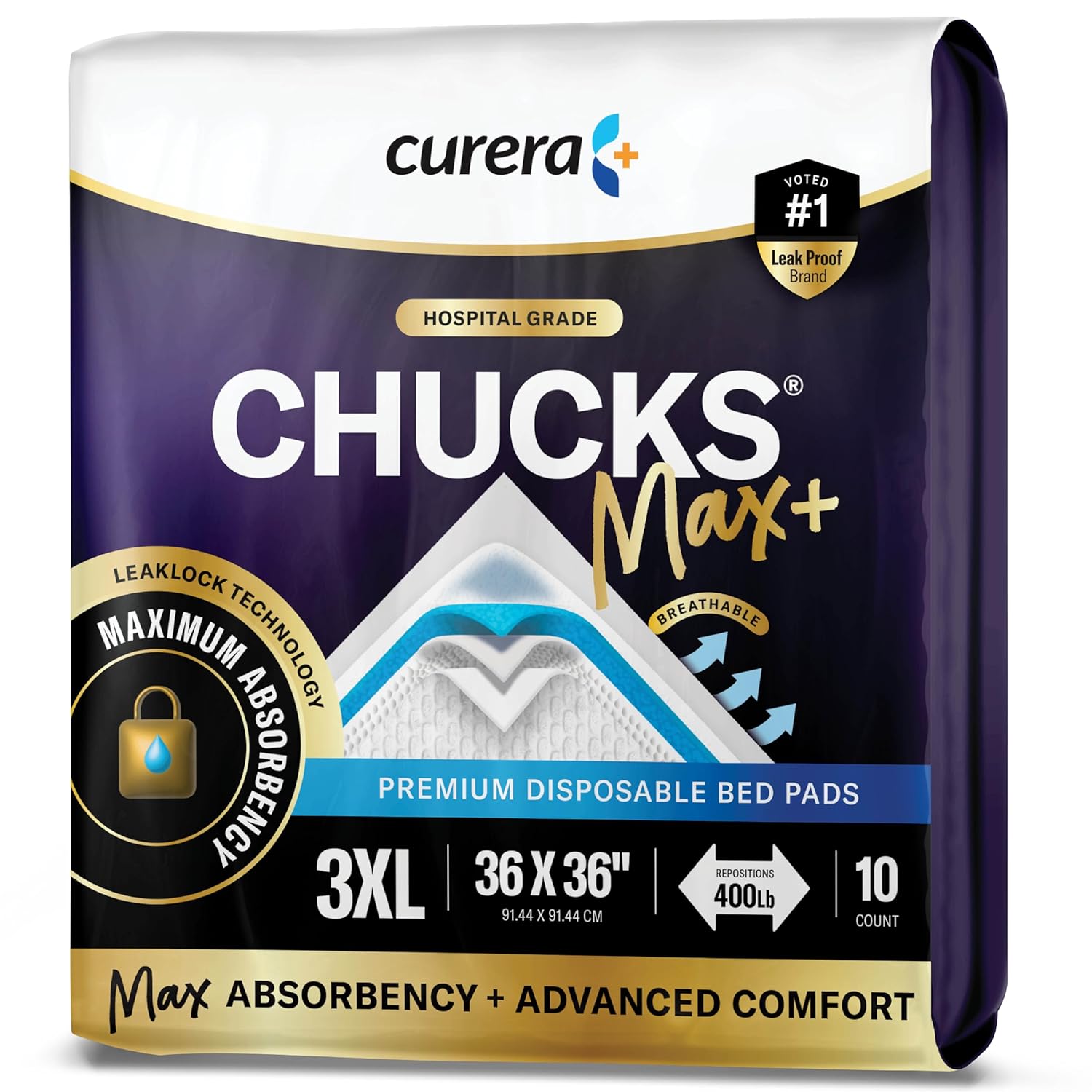 Chucks MAX+ Hospital Bed Pads Disposable Adult 36 x 36 Incontinence Pads - XXX-Large Pee Pads for Elderly Adults. Extra Heavy Duty Absorbency + Breathable Soft Padding, Repositioning Underpads 10-Pack - Image 9