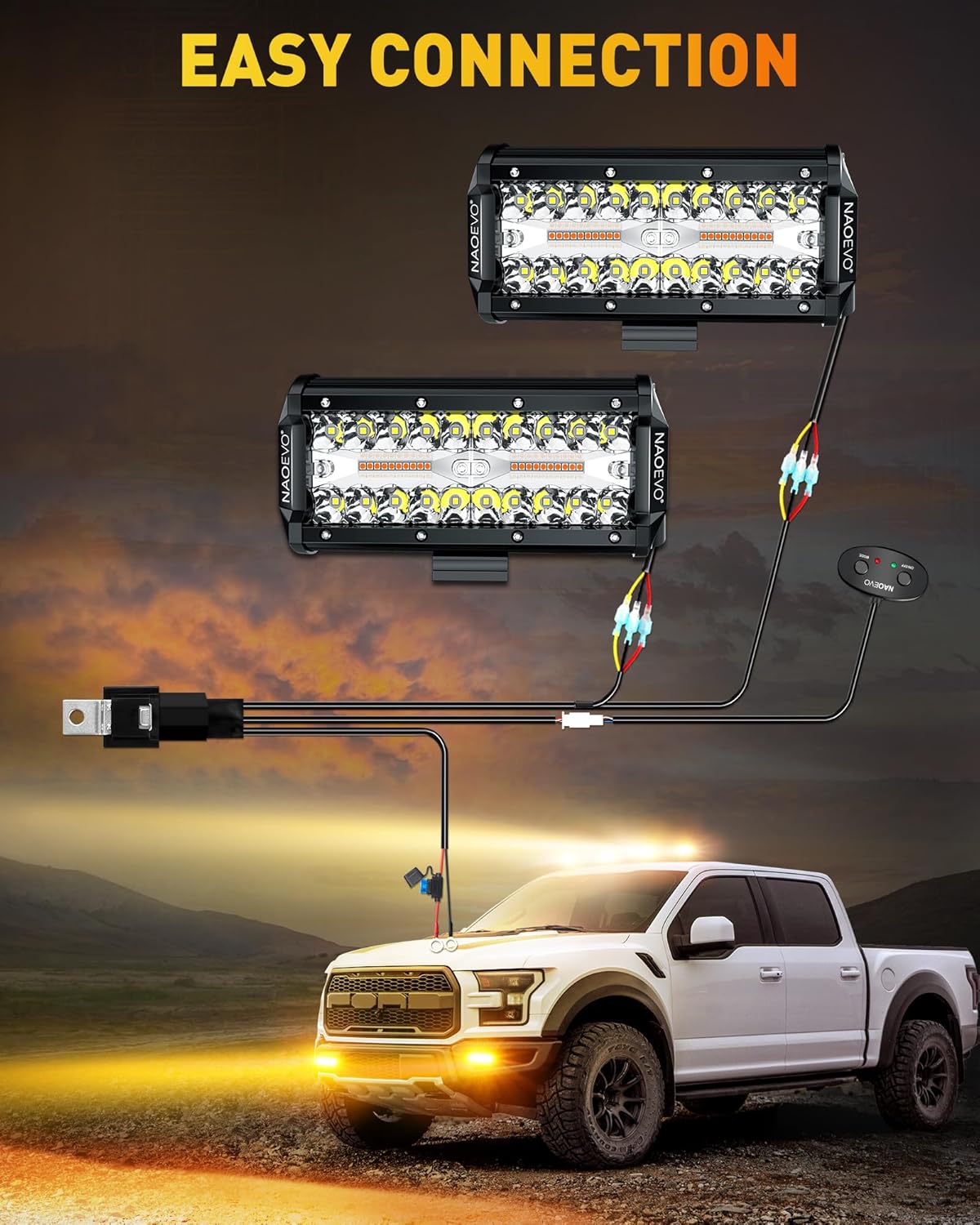 NAOEVO 7 Inch LED Light Bar, White Amber Offroad Fog/Driving Lights LED Pods with Strobe/Memory Function, 2 Leads Wiring Harness Included, Work for Truck Boat ATV UTV, 2-Pack (6 Modes) - Image 7