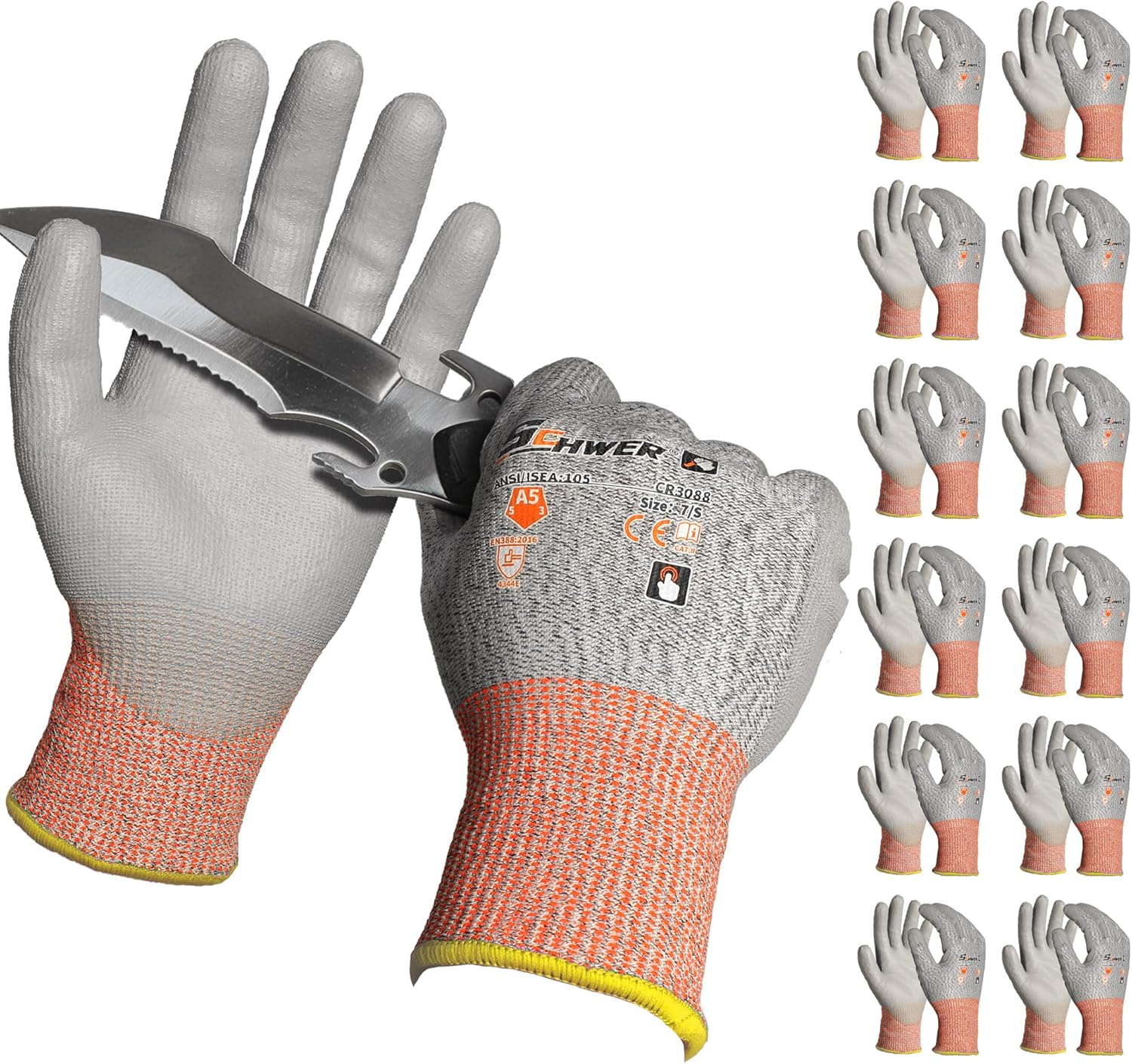 Schwer 12 Pairs ANSI A5 Cut Resistant Work Gloves, Cut Proof Gloves with PU Coating, Used for Metal Fabrication, WoodWorking, Construction, Non Slip, Durable, Non PFAS, S, CR3088