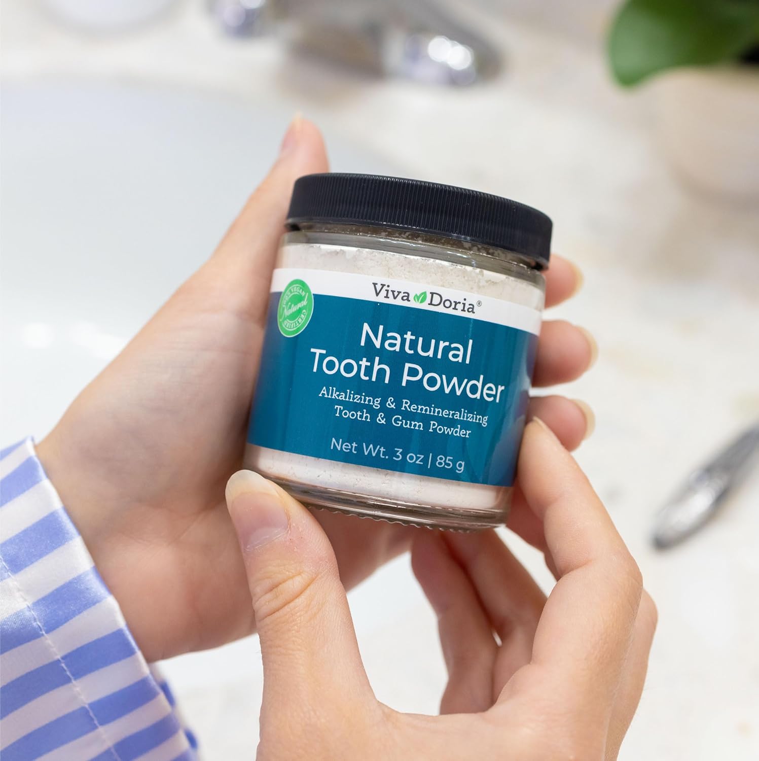 Viva Doria Natural Tooth Powder, Remineralizing, Natural Teeth Whitening, Breath Freshener | Refreshing Mint Flavor | 3 Oz Glass Jar - Image 6