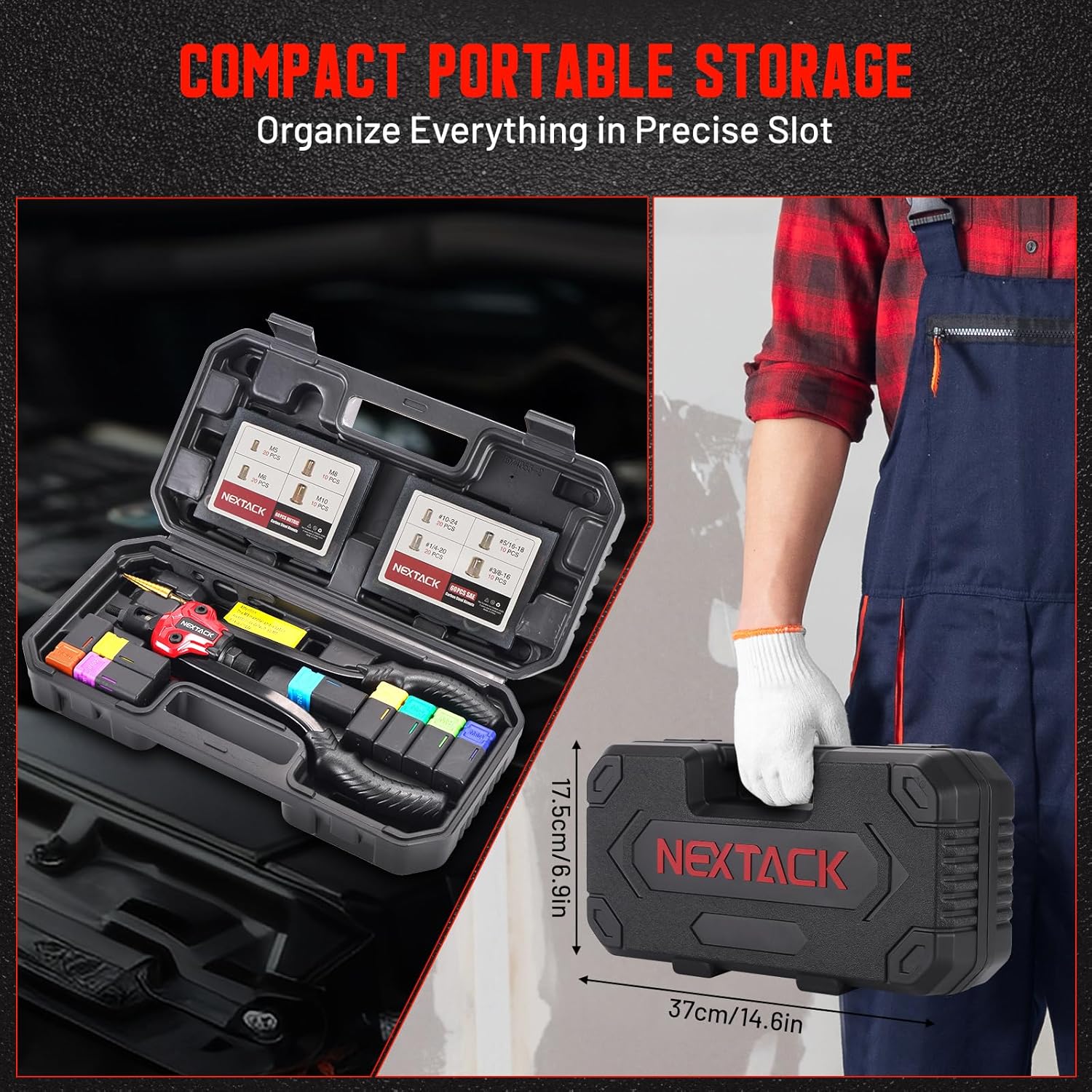 NEXTACK Rivet Nut Tool Kit with a Step Drill Bit, 120 Nutserts, Heavy Duty Rivnut Tool Set with 8 SAE & Metric Mandrels M5 M6 M8 M10 10-24 1/4-20 5/16-18 3/8-16, Organized Rugged Case (NT700) - Image 2