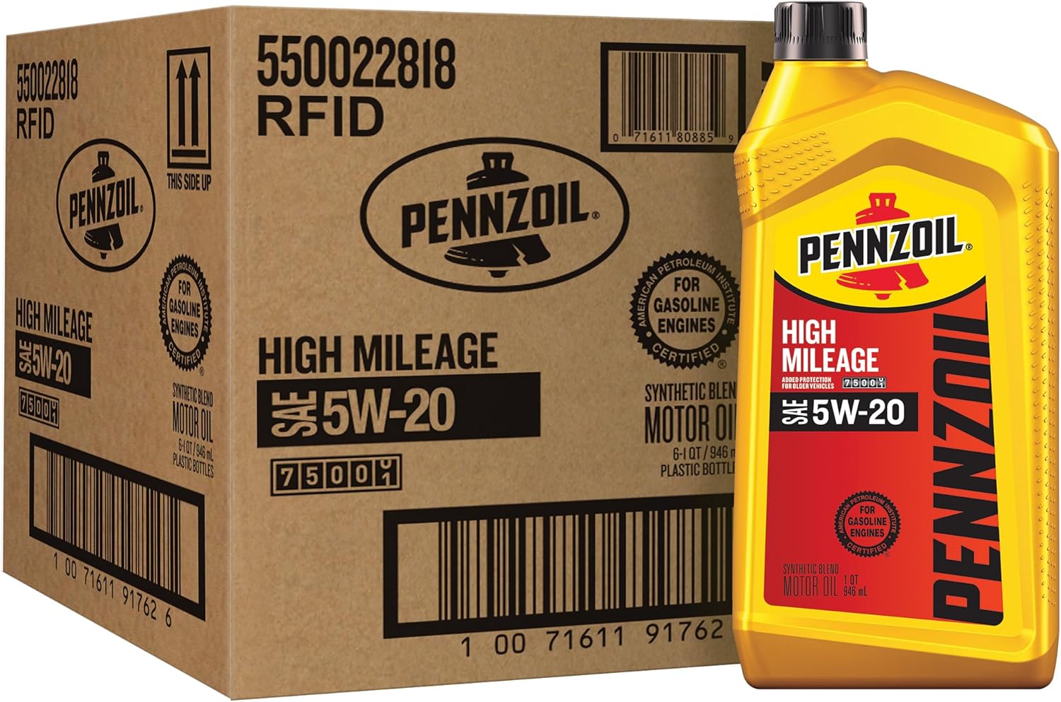 Pennzoil High Mileage 5W-20 Motor Oil, 1 Quart (6 Pack)