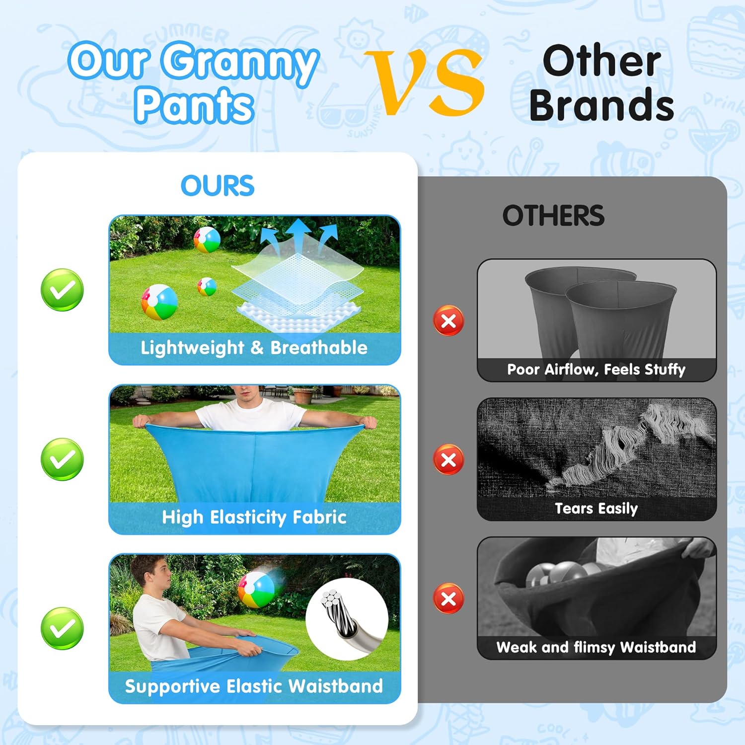 11PCS Granny Pants Yard Game Set - Oversized Blue & Yellow Pants with 8 Colorful Bouncy Balls and 1 Air Pump, Outdoor Tossing Games for Adults Team Relay Family Reunion Birthday Party Field Game Sets - Image 4