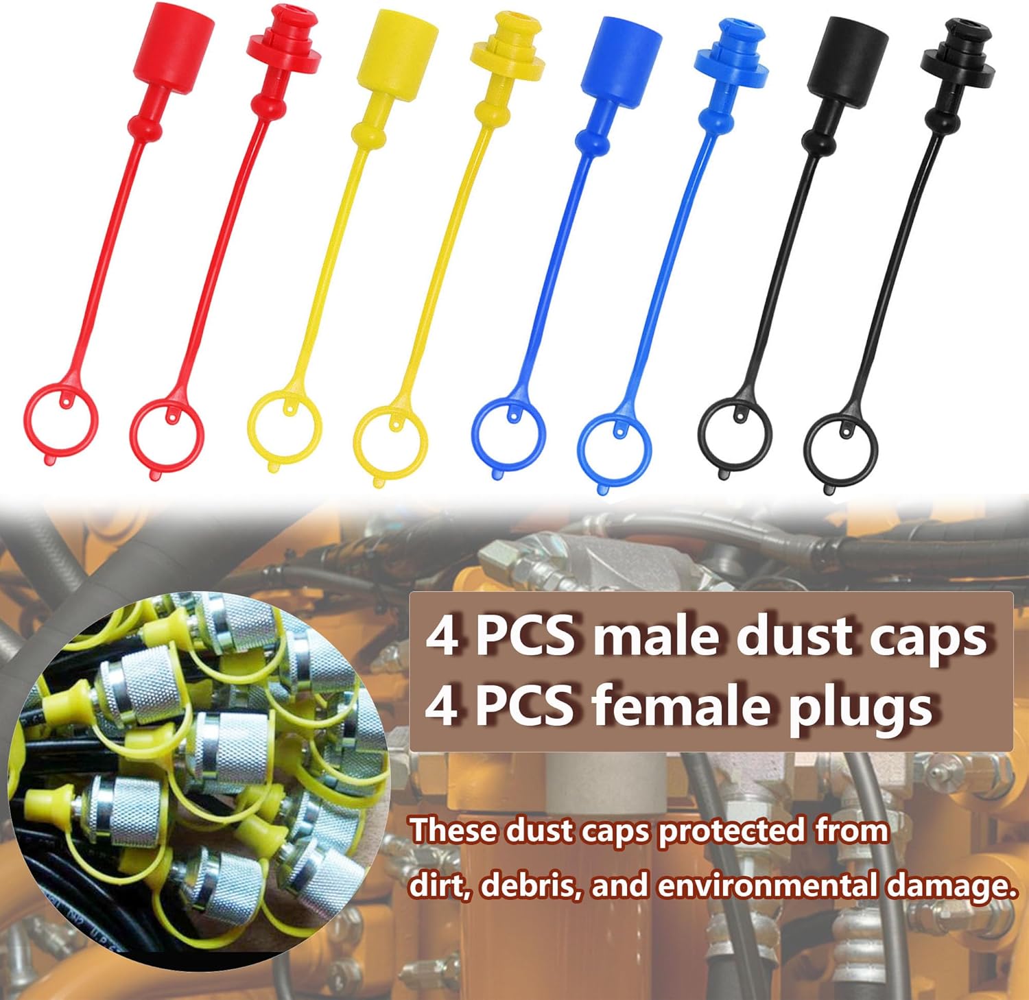8 Pcs Hydraulic Dust Caps & Plugs Set, Quick Coupler Cover, Hydraulic Quick Disconnects Port Plug Fittings, Compatible with 1/2" Flat Face Couplings for Skid Steer Loaders and Tractor - Image 3