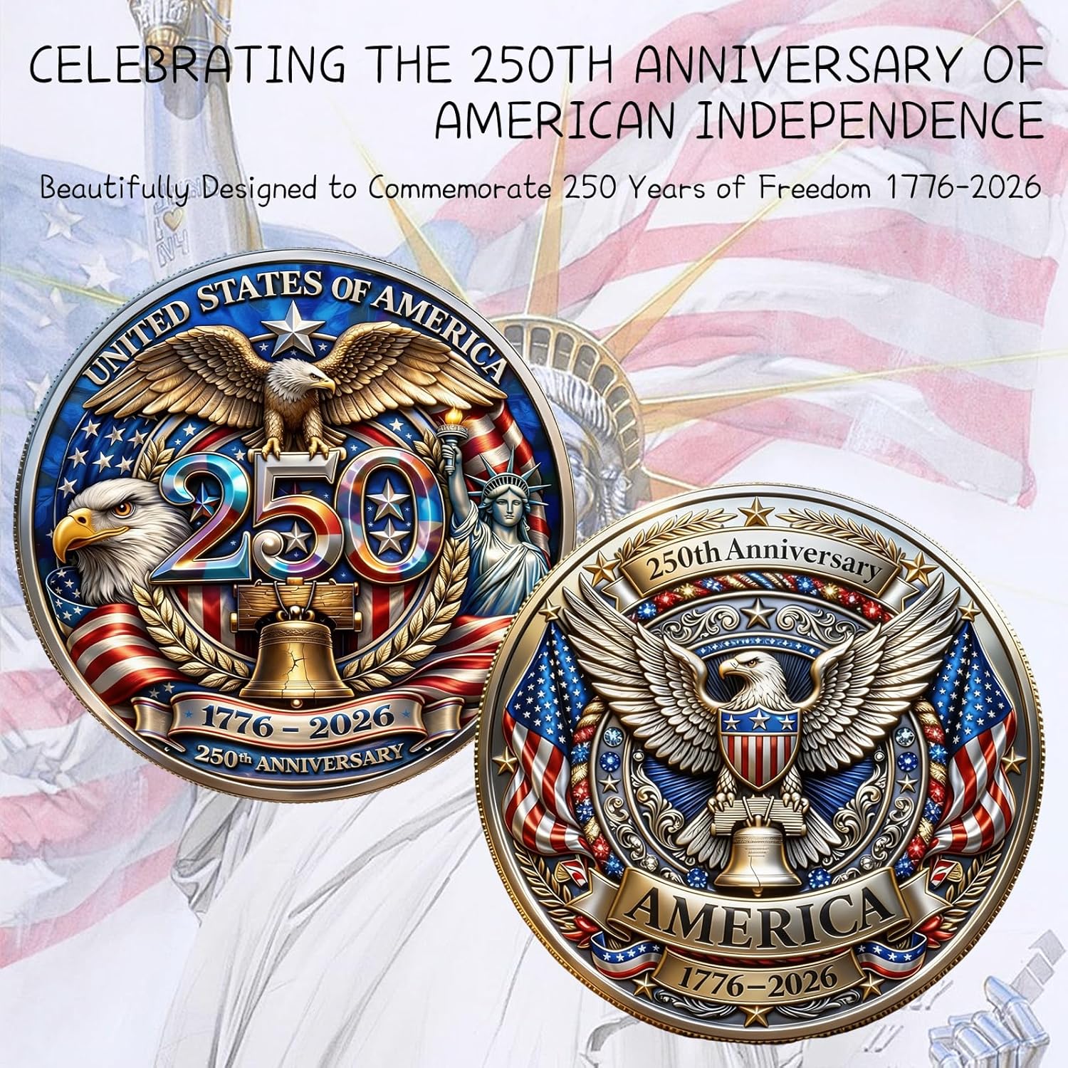 USA 250th Anniversary Challenge Coins Commemorative Coin, American Eagle Patriotic Design, America Merchandise 250 Collectible 250 Anniversary Coin (QQ) - Image 2
