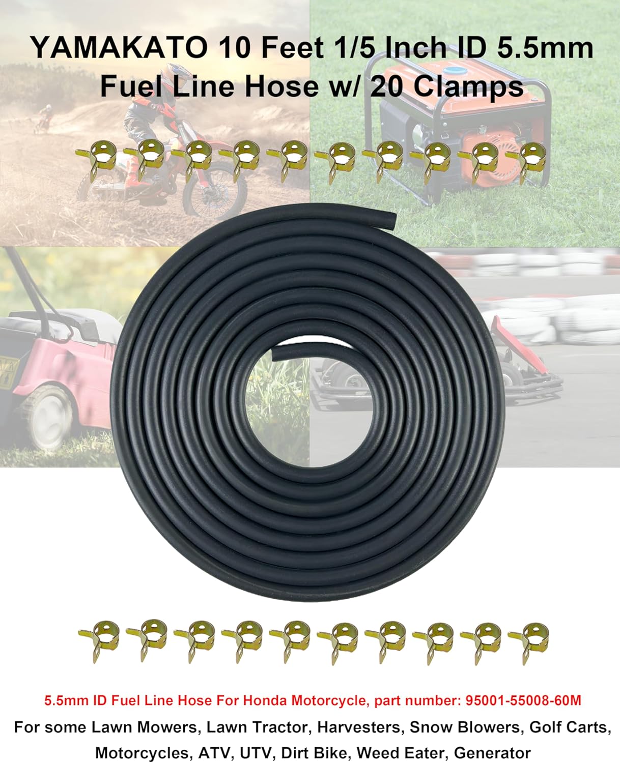 YAMAKATO 10 Feet 1/5 Inch ID 5.5mm Fuel Line Hose for ATV Quad Pit Dirt Bike Go Kart Mini Bike ATV Generator Small Engines Gas Line 95001-55008-60M w/ 20 Clamps - Image 4