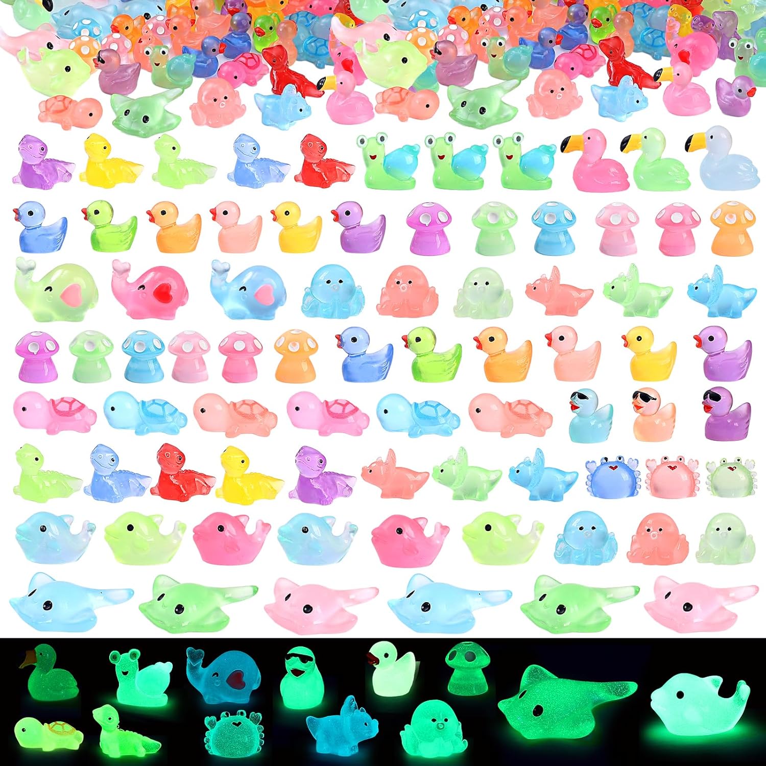 100 Pcs Mini Resin Animals Mini Figures to Hide Tiny Resin Animals Glow in The Dark for Dollhouse Decor for Micro Landscape Aquarium Party Deor