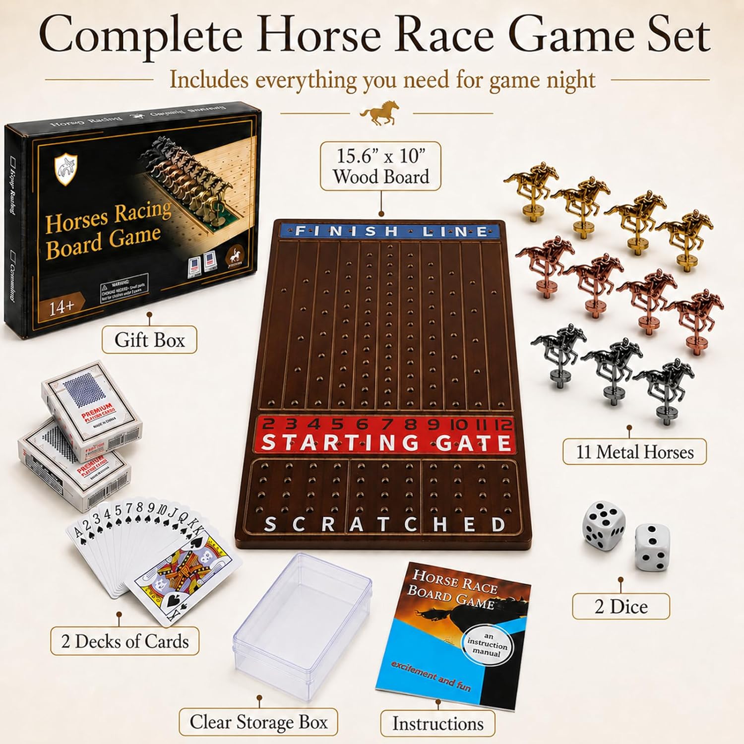 Jyquorp Horse Race Board Game Wooden Kentucky Derby Party Game Set with 11 Metal Horses, 2 Dice & 2 Card Decks, Large Solid Wood Horse Racing Board Game for Family & Adults (15.6" x 10") - Image 2