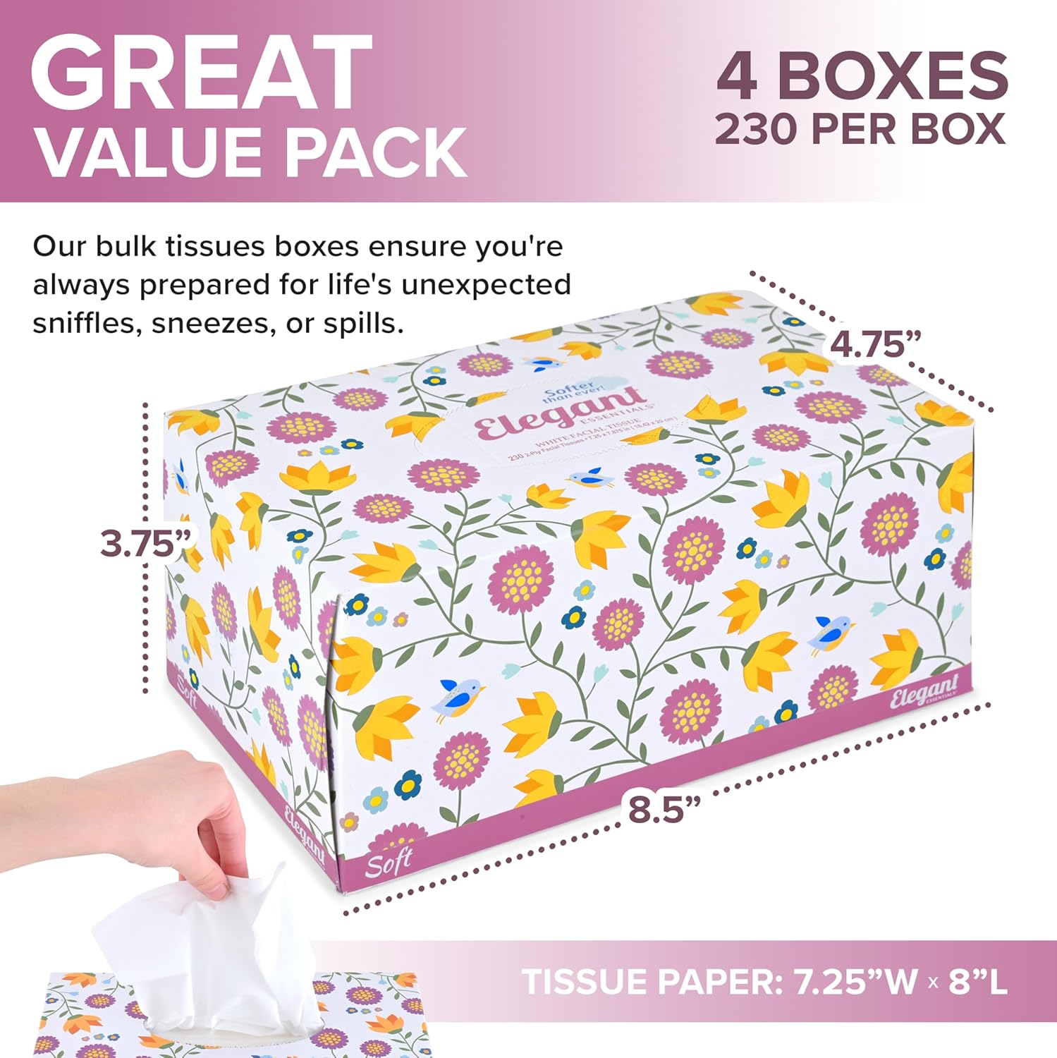 Premium Bulk Tissues, 4 Tissue Boxes of 230 Count, 2-Ply Soft Facial Tissues for Offices or School, Made in the USA, 920 Total Count Bulk Face & Nose Tissue Paper for Home or Professional Use - Image 2