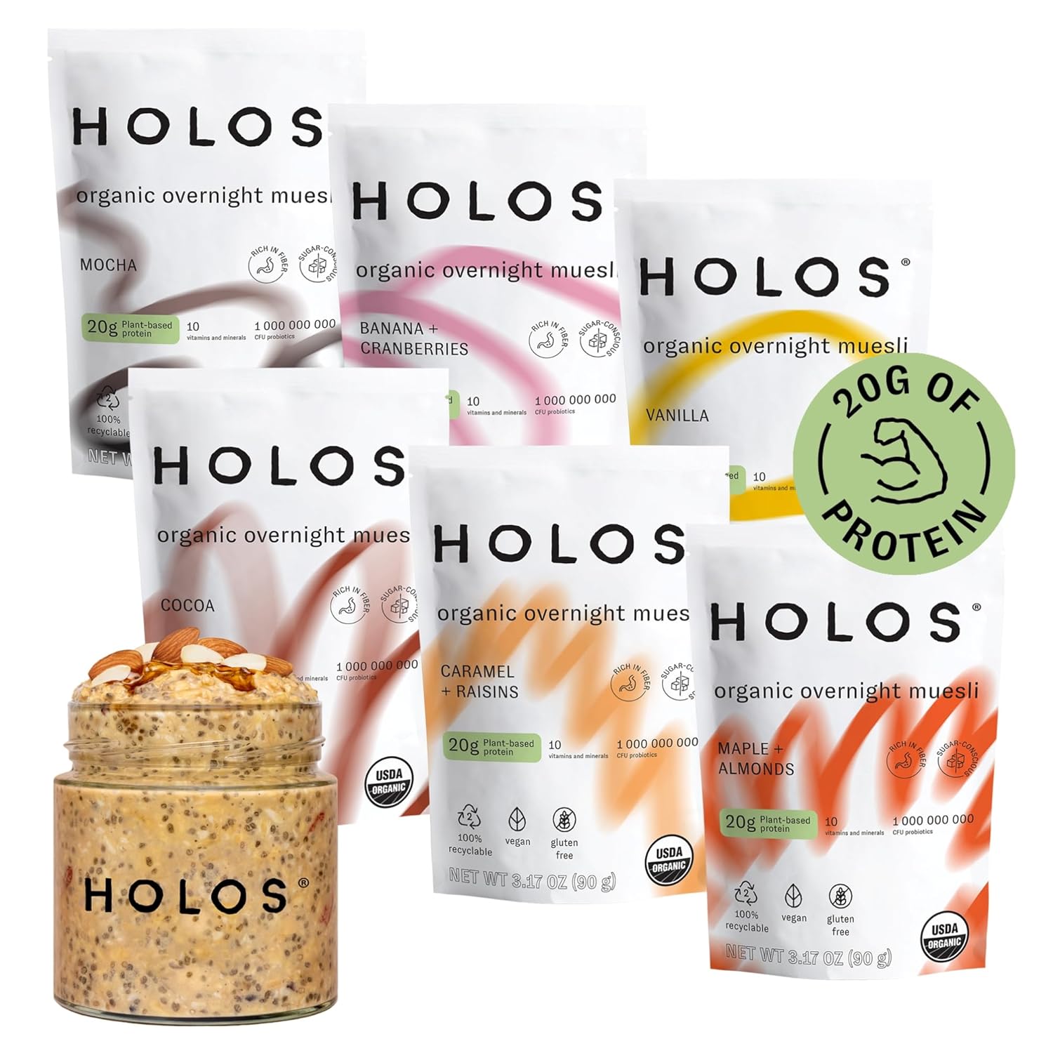 HOLOS Protein Overnight Oats - 12 Pack Variety Flavors with Jar - 20g Plant Proteins, Organic Gluten Free Cereal with High Fiber, Probiotics, Vitamins, Minerals