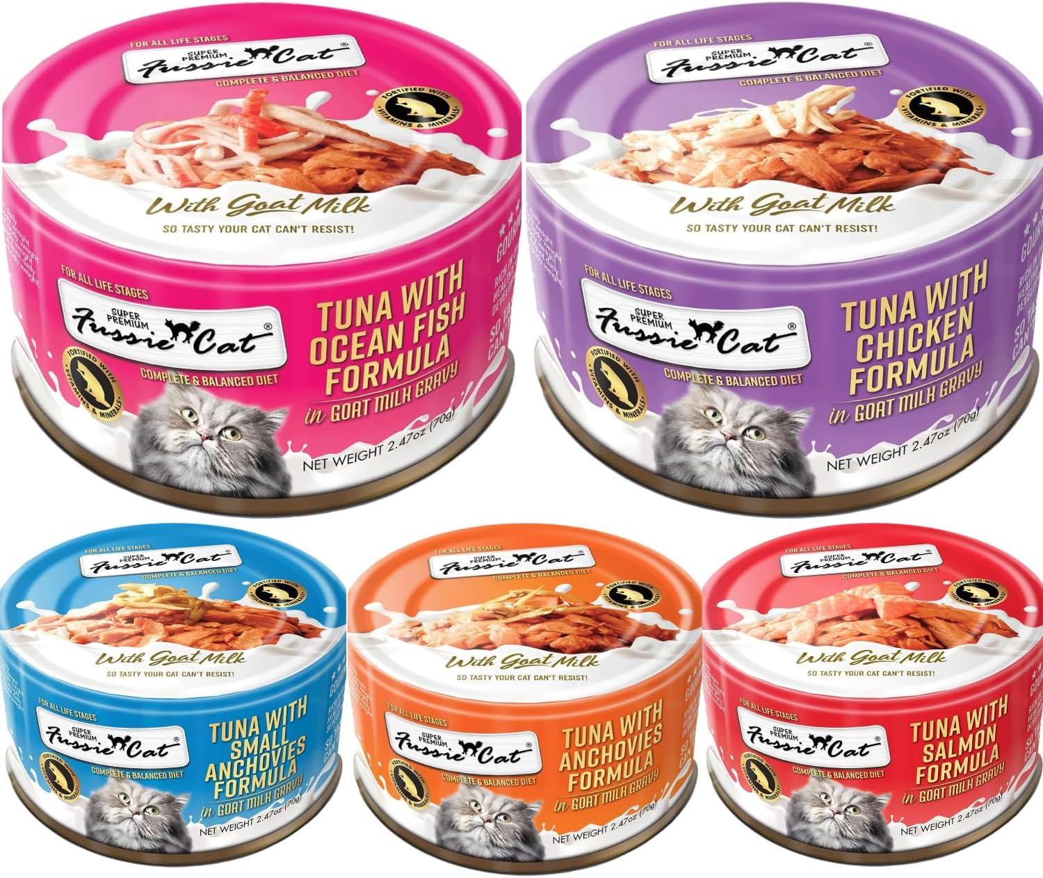 Fussie Cat Super Premium Canned Wet Cat Food in Goat Milk Gravy -2.47 oz Sized Cans - Variety Pack of 5 Flavors -2 Each (10 Cans Total) Plus lid - Image 3