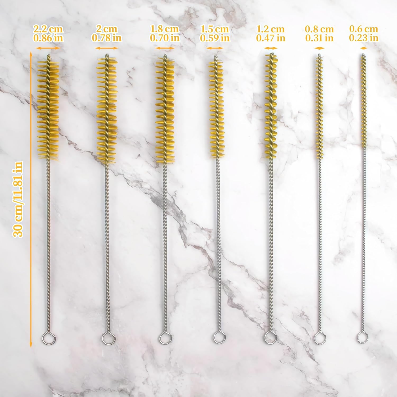 7 PCS Brass Wire Tube Brush Kit Wire Bottle Brushes, 11'' Long-Handle Wire Bristle Cleaning Pipe Cleaner, 6mm/8mm/10mm/12mm/15mm/20mm/22mm Brass Tube Brush for Tubes,Bottle,Keyboards,Glass - Image 2