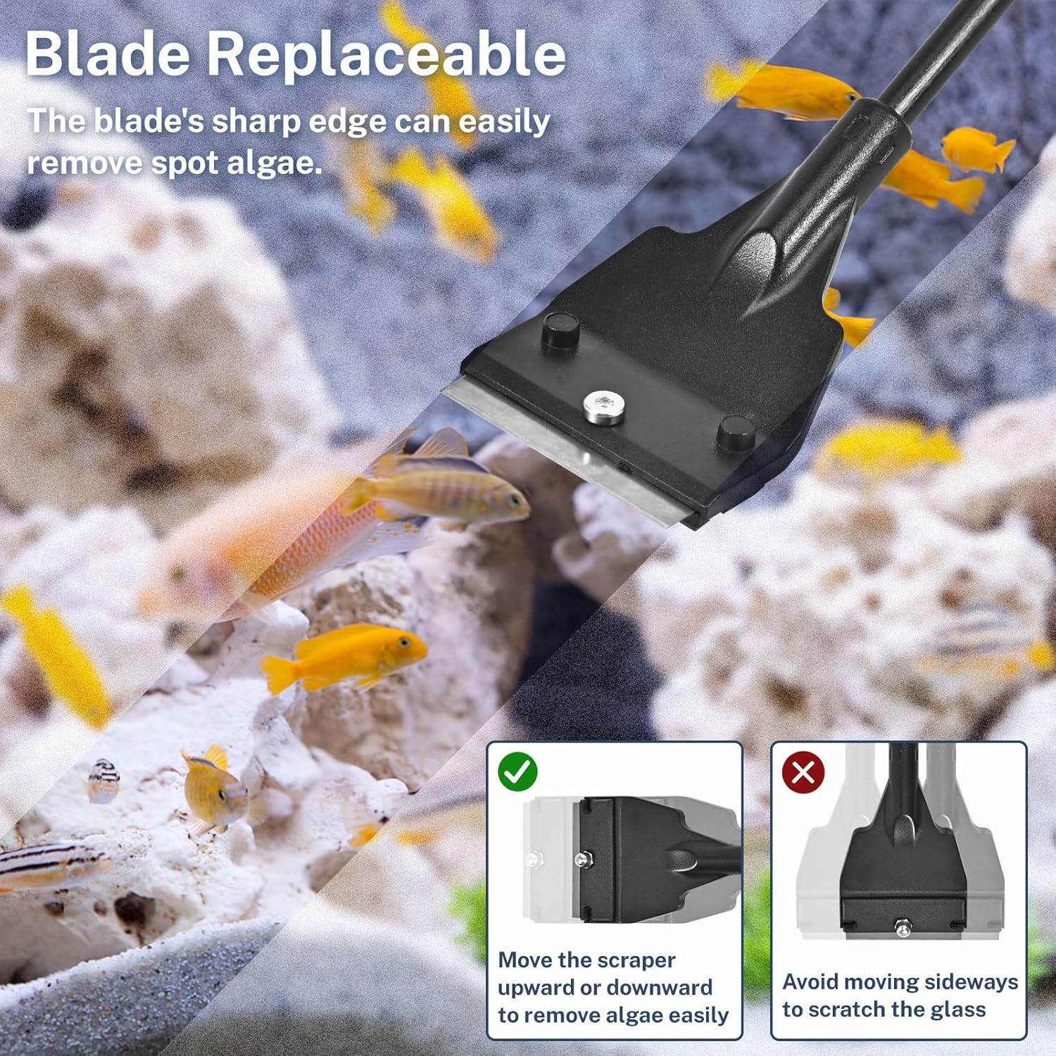 Olaismln Fish Tank Scraper Cleaner for Glass Aquariums, 21" Handheld Scraper Cleaning Razor with 5 Stainless Steel Blades for Fish Reef Plant Glass Tank - Image 2