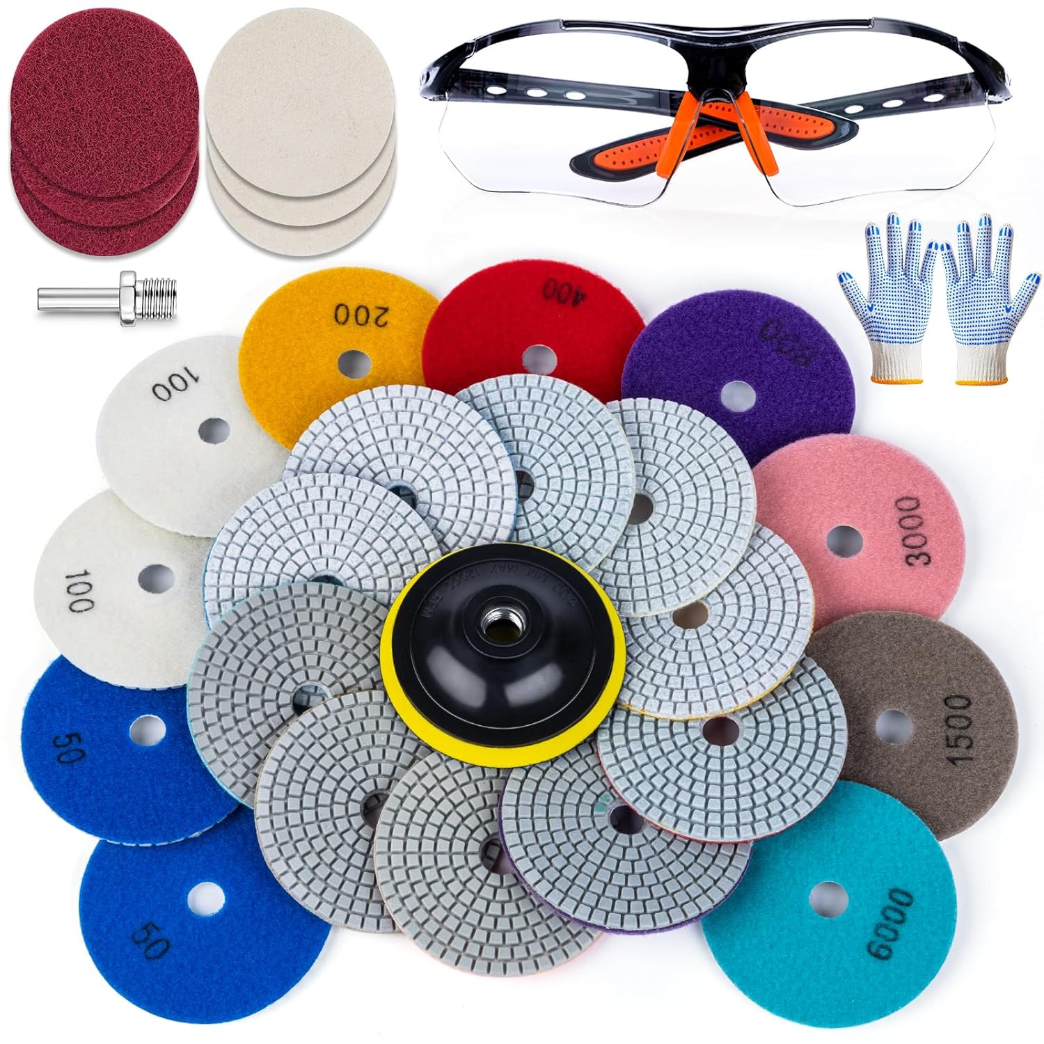 VISCOO 20 Pack 4 Inch Diamond Polishing Pads, Granite Polishing Pads Kit with 5/8''-11 Backer Pad, 50-6000 Grit Wet/Dry Polishing Pads for Marble, Concrete, Quartz, Stone, Tile with Wool Felt Pads