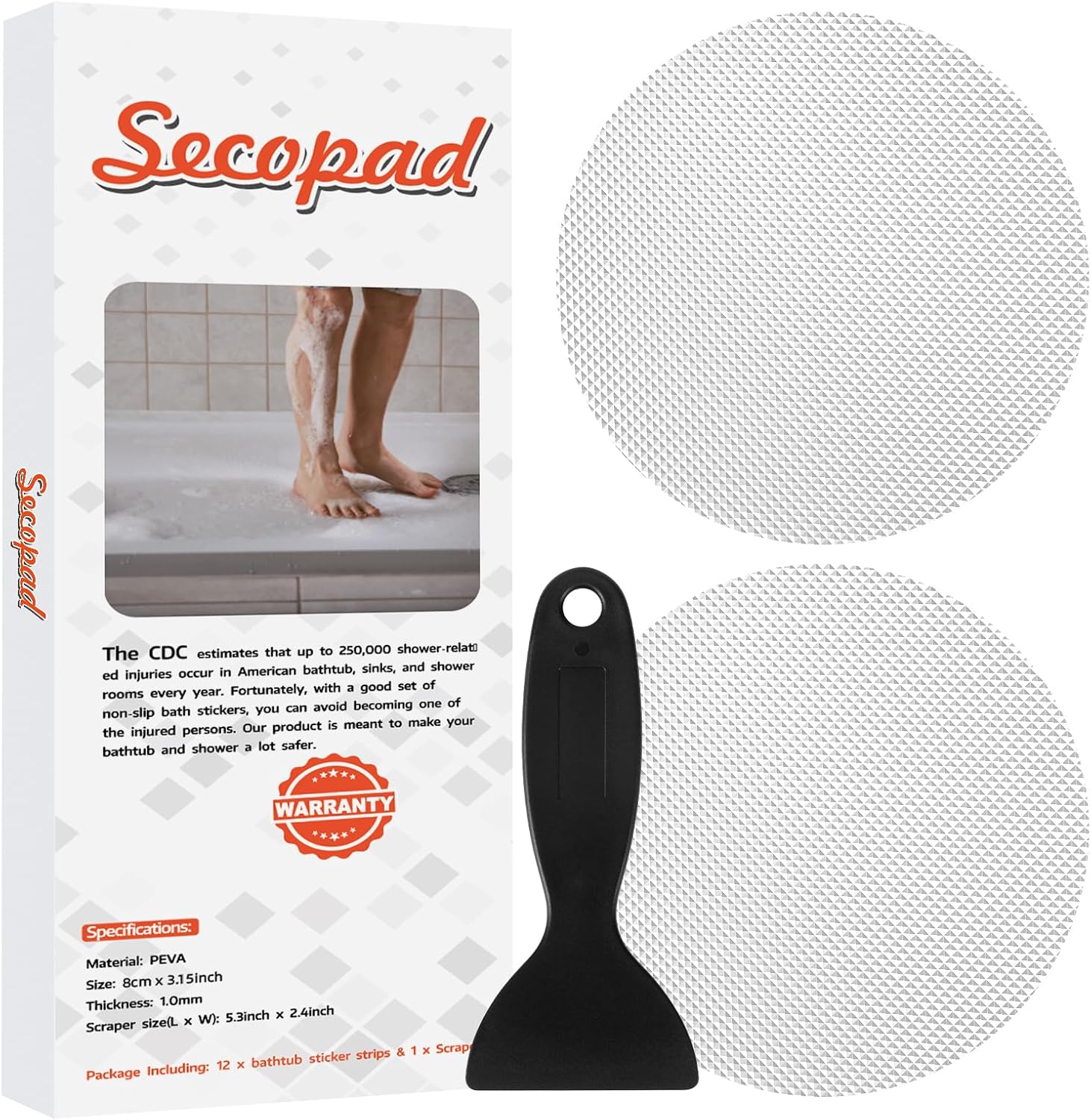Secopad Original Bathtub Non-Slip Stickers for Tub & Shower Floor, Strong Anti-Slip Shower Stickers with Scraper Ideal for Families with Kids, Adults & Seniors, 12 PCS (Clear)