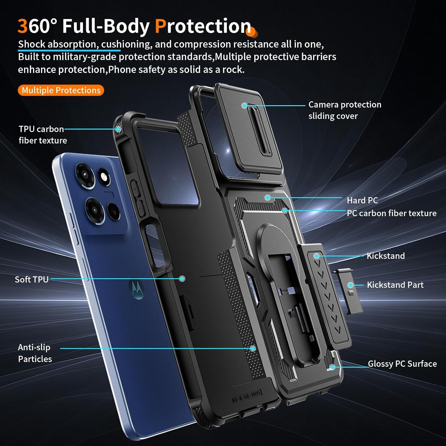 Lanhiem for Moto G 2026 / G Play 2026 / G 5G 2025 Case with HD Screen Protector, Slide Camera Cover, Military-Grade Shockproof Cover with Kickstand & Dual-Layer Protection, Anti-Slip Grip,Black - Image 5