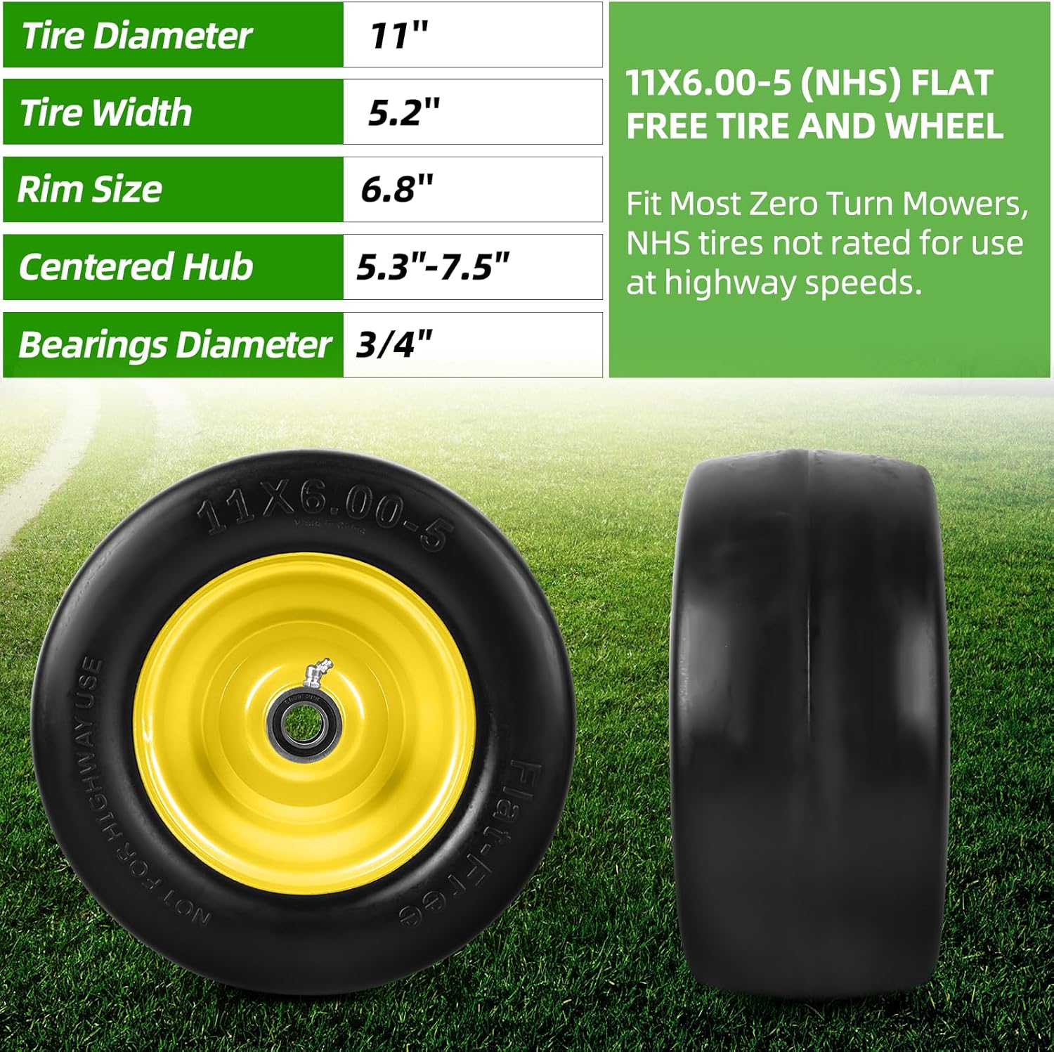 AR-PRO 11x6.00-5 Flat Free Tire and Wheel - Relacement 11x6-5 Solid Rubbe Riding Lawn Mower Tire with Rim, 5.3"-7.5" Centered Hub and 3/4" Bearings - Fit Most Zero Turn Mowers (2-Pack) - Image 2