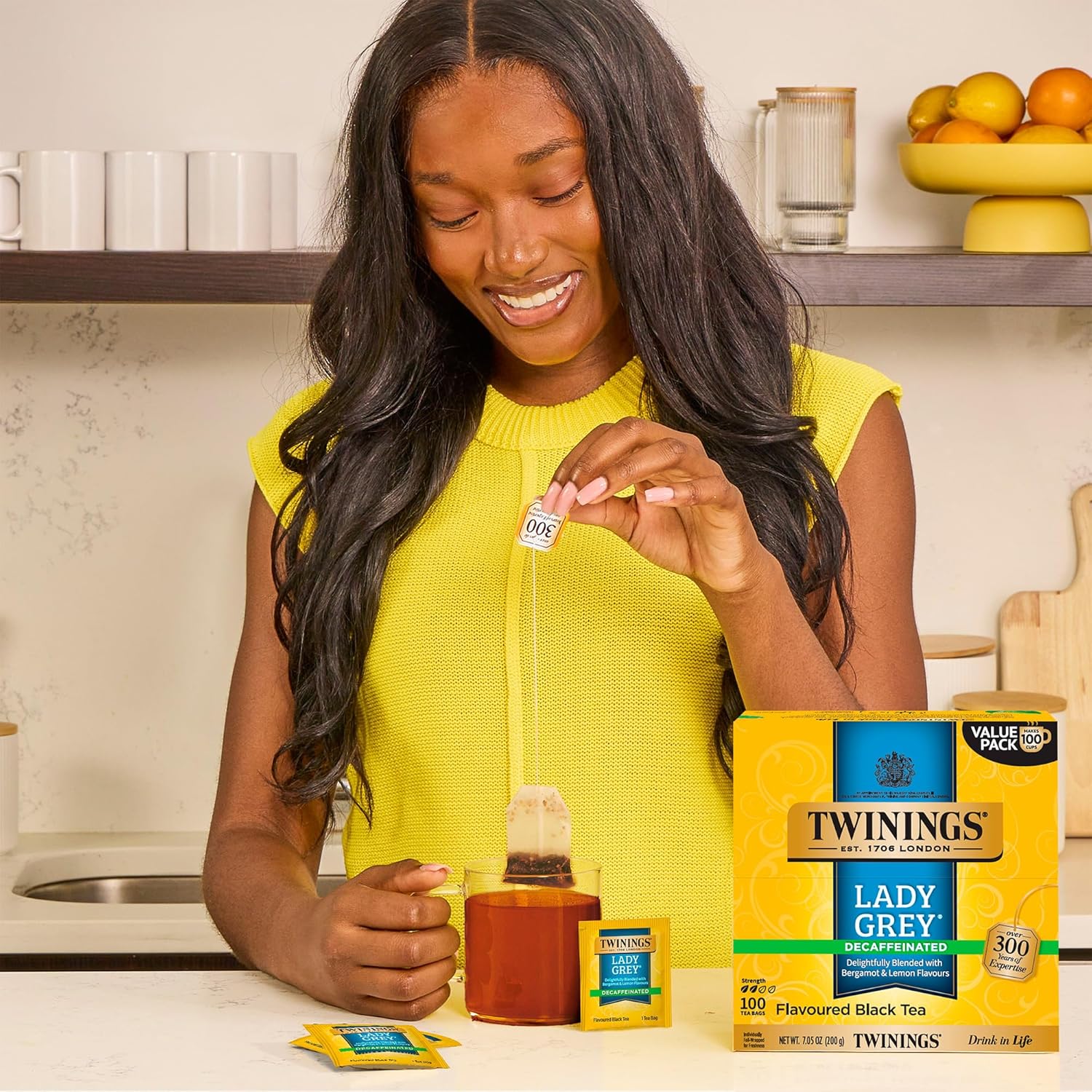 Twinings Decaffeinated Lady Grey Black Tea Individually Wrapped Bags, 100 Count (Pack of 1), Orange Peel & Lemon Peel, Fresh and Uplifting, Caffeinated, Enjoy Hot or Iced, 100 Teabags - Image 3