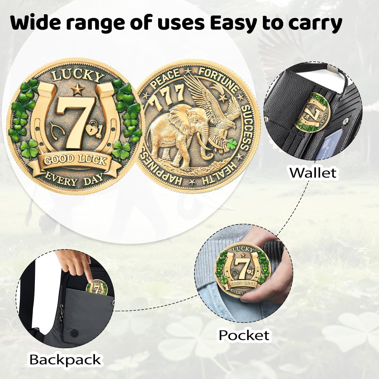 LParkin Amuletos de Proteccion y Buena Suerte Lucky Coin for Lottery Scratcher | Four Leaf Clover & Elephant Eagle Motivational Charm - Prosperity, Success & Good Luck Token - Image 4