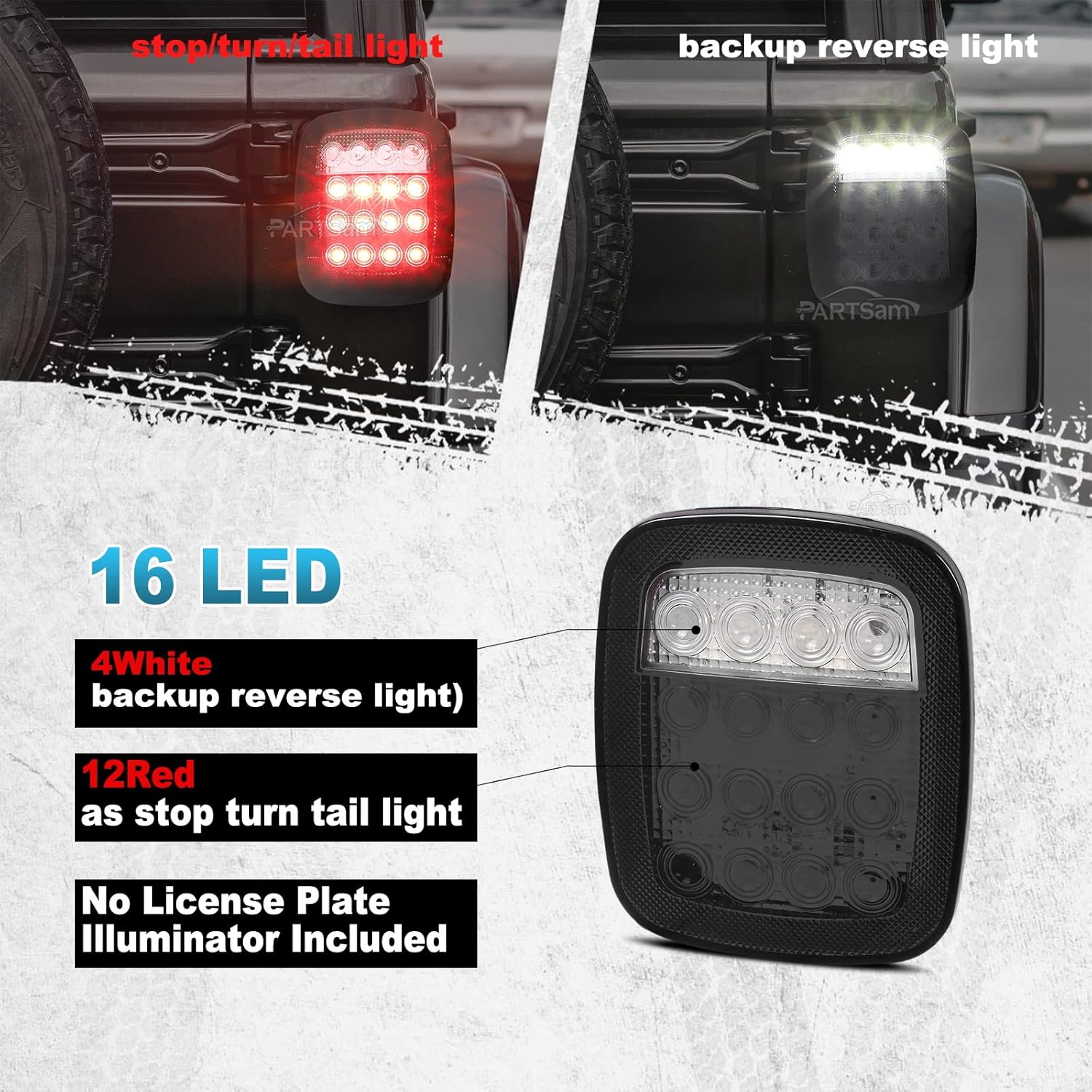 Partsam 2x LED Tail Lights 16LED Stop Brake Turn Reverse Tail Light Combination 12-5050 Red 4-5050 White Smoke Lens Compatible with Wrangler YJ TJ CJ Pick-up Truck Trailer RV - Image 3