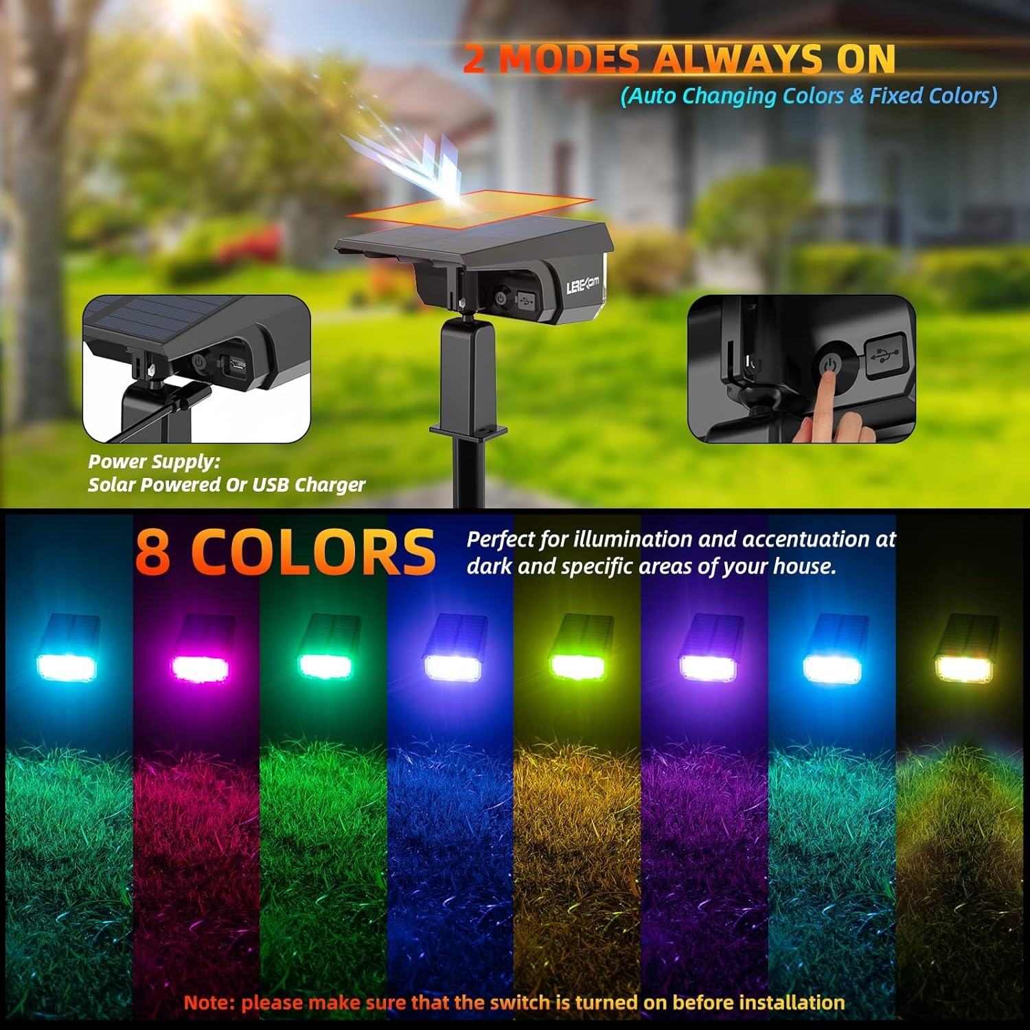 Solar Outdoor Lights,40 LEDs Color Changing RGB Solar Landscape Path Lights,USB & Solar Powered Multicoloured Spotlights,14 Colors Auto Cycling Spotlights for Yard,Garden,2 Pack - Image 4