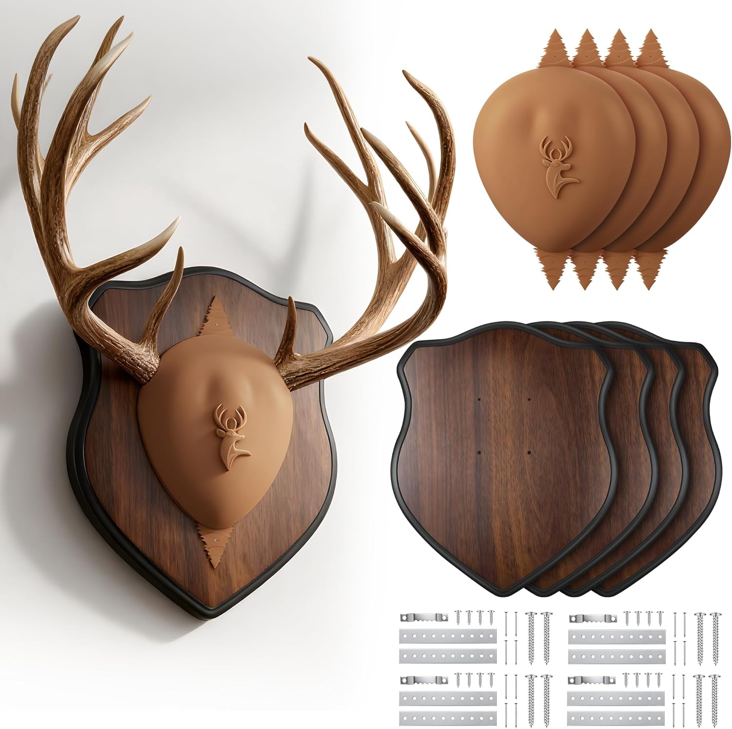Deer Antler Mounting Kit, Wood Plaque Antler Mounting Kit with Silicone Skull Cover, Hardware Included (Brown Skull Cover,4 Pack)