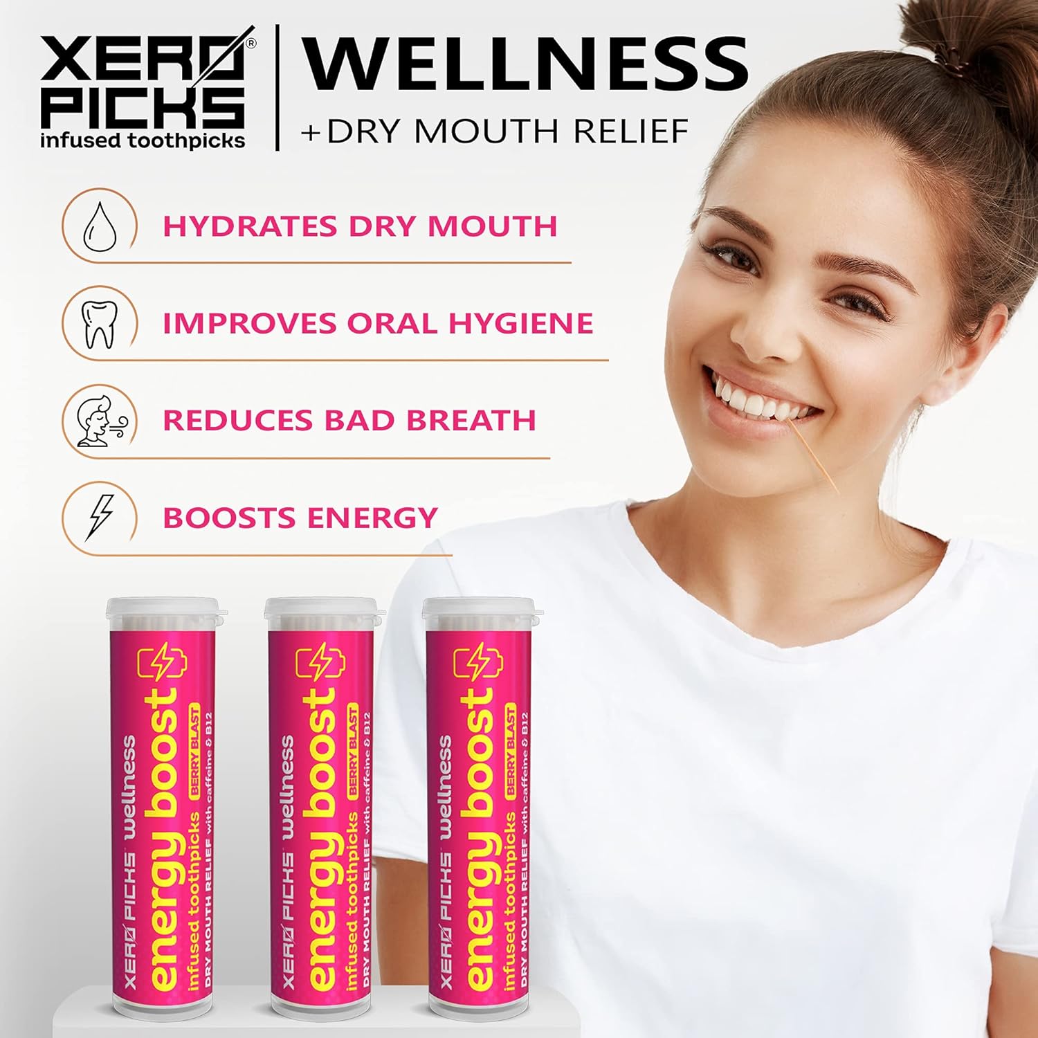 Xero Picks Wellness Flavored Toothpicks Energy Boost with Caffeine, B12, and B6 (Berry Blast, 3 Pack) Kosher - Sugar Free - Image 3