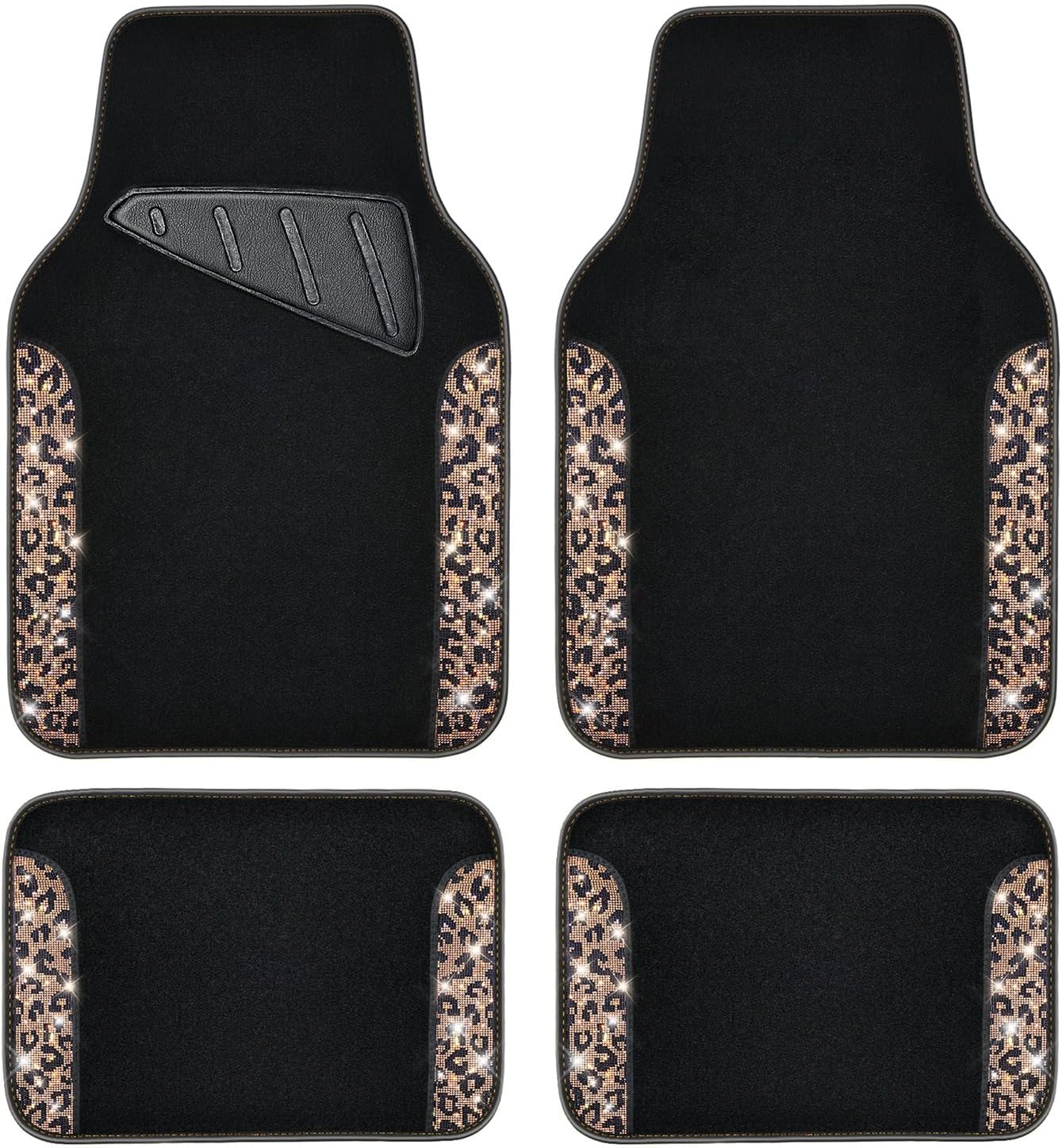 CAR PASS Bling Diamond Car Floor Mats, Shining Rhinestone Carpet Sparkly Glitter Crystal with Anti-Slip PVC Heel Pad Waterproof Universal Fit Automotive SUV,Sedan,Van,Cute Girl Women,4pcs Gold Leopard