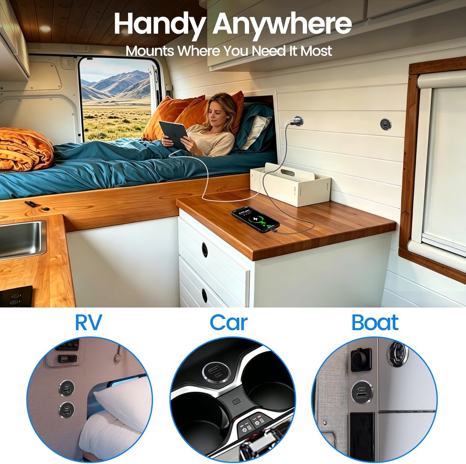 12V USB Outlet All-Aluminum QC 3.0 USB-A & USB-C PD3.0 Dual Fast Car Charger Socket, Recessed Mount Car USB Port for Car Truck Boat RV Camper Van Trailer (Small Version) - Image 5
