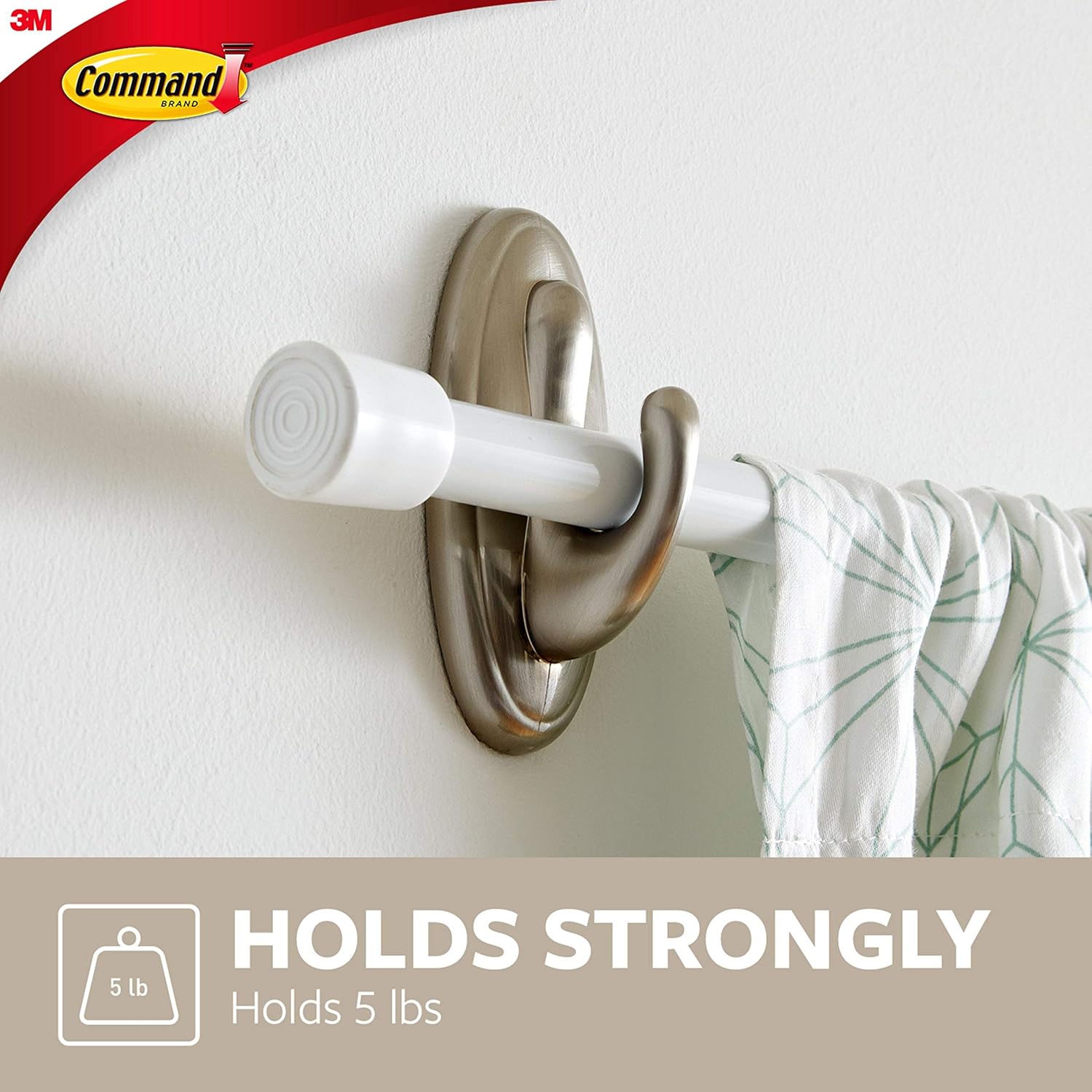 Command Curtain Rod Hooks, Large, Brushed Nickel, 2-Hooks, 2-Strips, 2-Pack, Decorate Damage-Free - Image 3