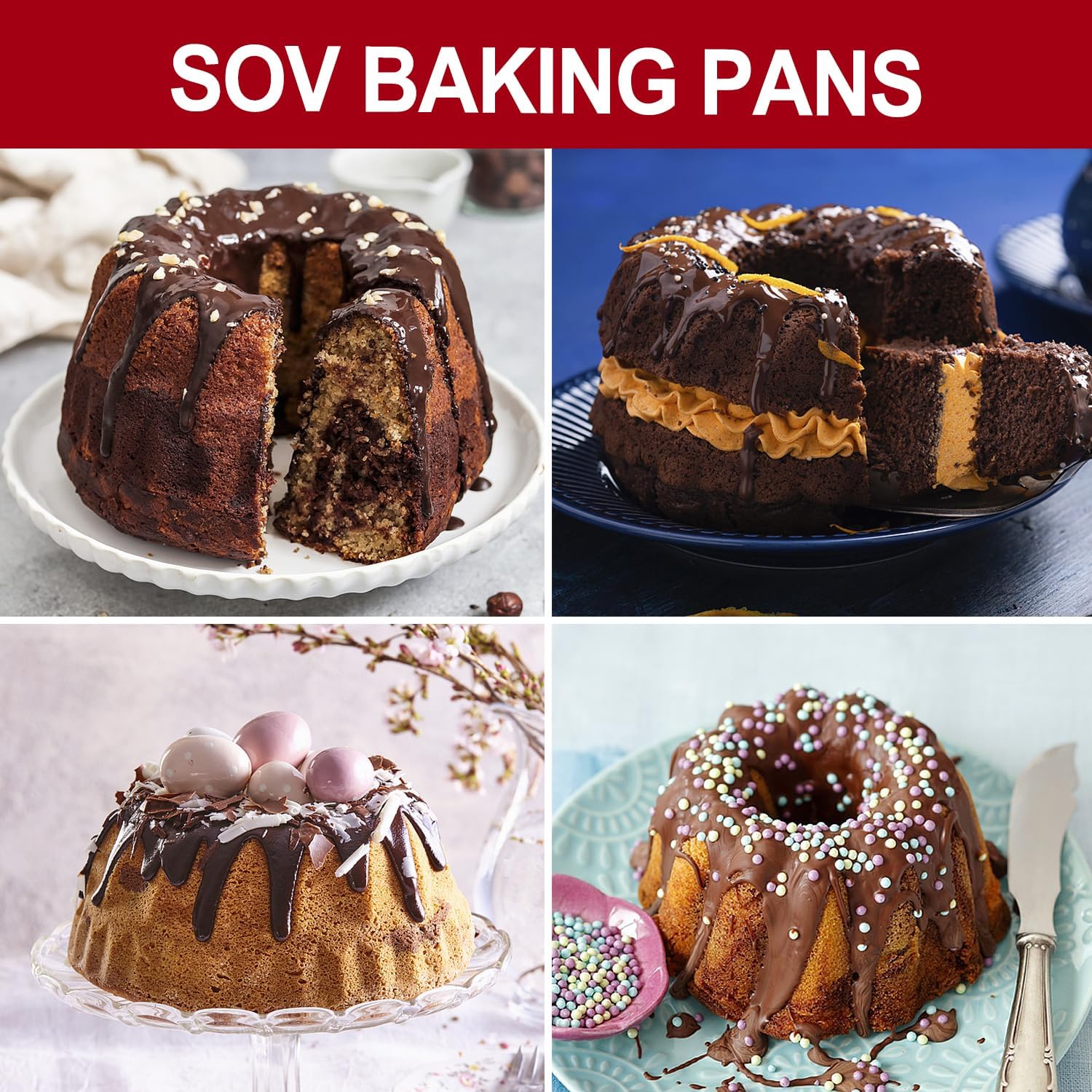 SOV 9.5 inch Silicone cake Pans, Non-stick bundt cake molds, Silicone Bakeware Baking Molds, Perfect for making Cake, Bread, Jello, Gelatin (1, Red) - Image 4