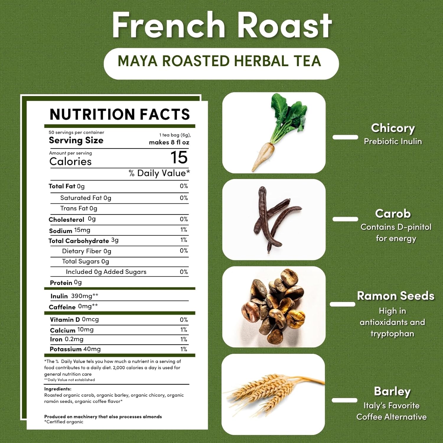 Teeccino French Roast Herbal Tea - Rich & Roasted Herbal Tea That’s Caffeine Free & Prebiotic for Natural Energy, Coffee Alternative, 50 Tagless Eco-Friendly Tea Bags - Image 2