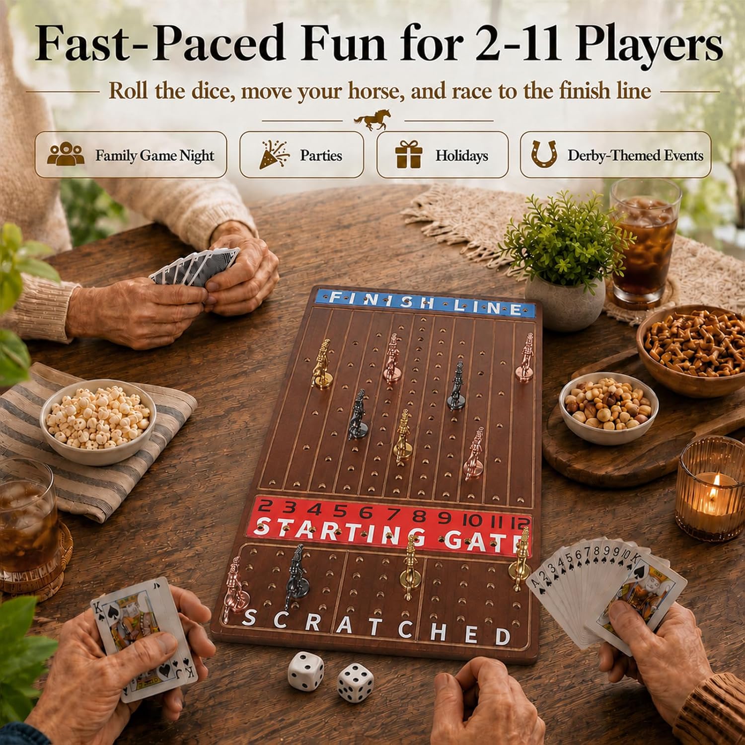 Jyquorp Horse Race Board Game Wooden Kentucky Derby Party Game Set with 11 Metal Horses, 2 Dice & 2 Card Decks, Large Solid Wood Horse Racing Board Game for Family & Adults (15.6" x 10") - Image 7