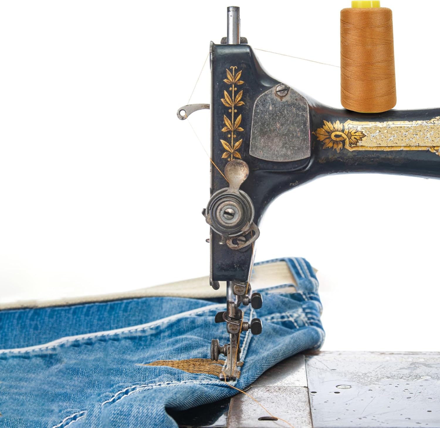 1500 Yards Jean Thread for Sewing Machine, Denim Thread 20s/2 Heavy Duty Strong Thick Bonded Cone Spools for Blue Jeans Shoes Bag Canvas Leather Nylon Hand Sewing 100% Polyester, Gold Color - Image 5