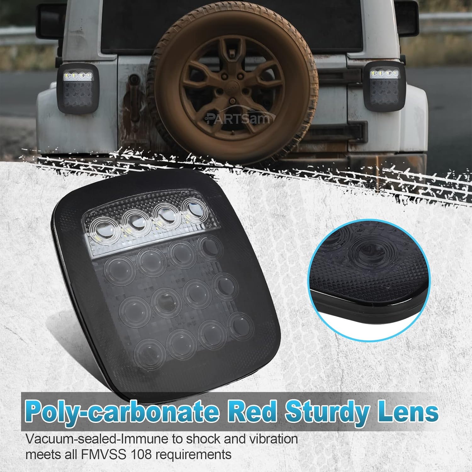 Partsam 2x LED Tail Lights 16LED Stop Brake Turn Reverse Tail Light Combination 12-5050 Red 4-5050 White Smoke Lens Compatible with Wrangler YJ TJ CJ Pick-up Truck Trailer RV - Image 2