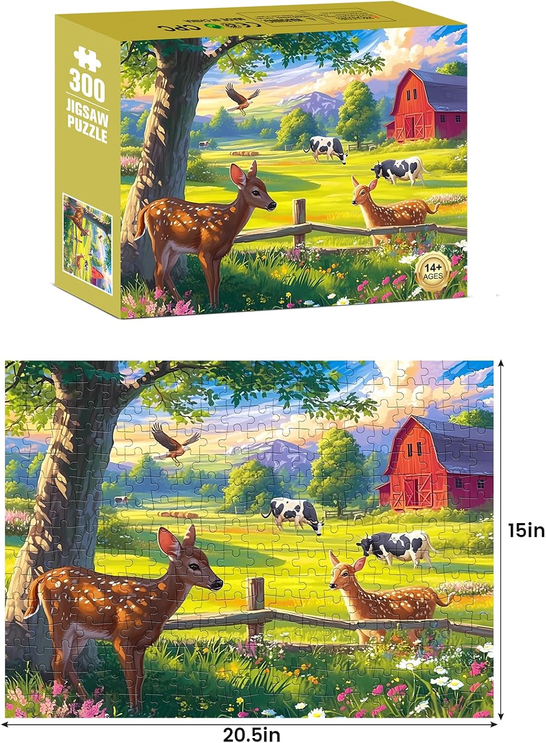 300 Pieces Puzzles for Adult Jigsaw Puzzle 300 Piece Children Elderly Puzzle Deer Cow Farm Puzzle Gift for Mom Dad Family Friend Family Activity Games Home Decor Wall Art 20.5x15IN - Image 2