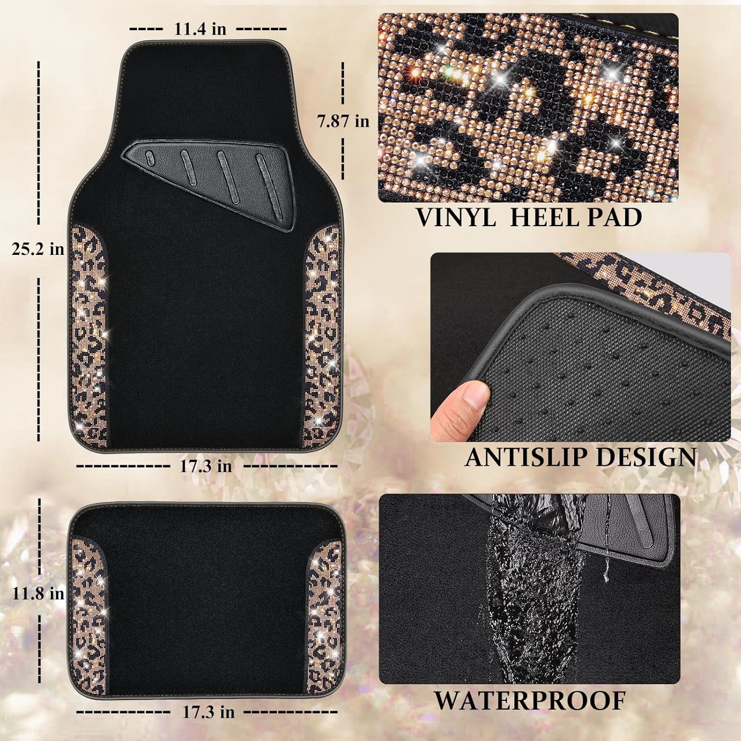 CAR PASS Bling Diamond Car Floor Mats, Shining Rhinestone Carpet Sparkly Glitter Crystal with Anti-Slip PVC Heel Pad Waterproof Universal Fit Automotive SUV,Sedan,Van,Cute Girl Women,4pcs Gold Leopard - Image 5